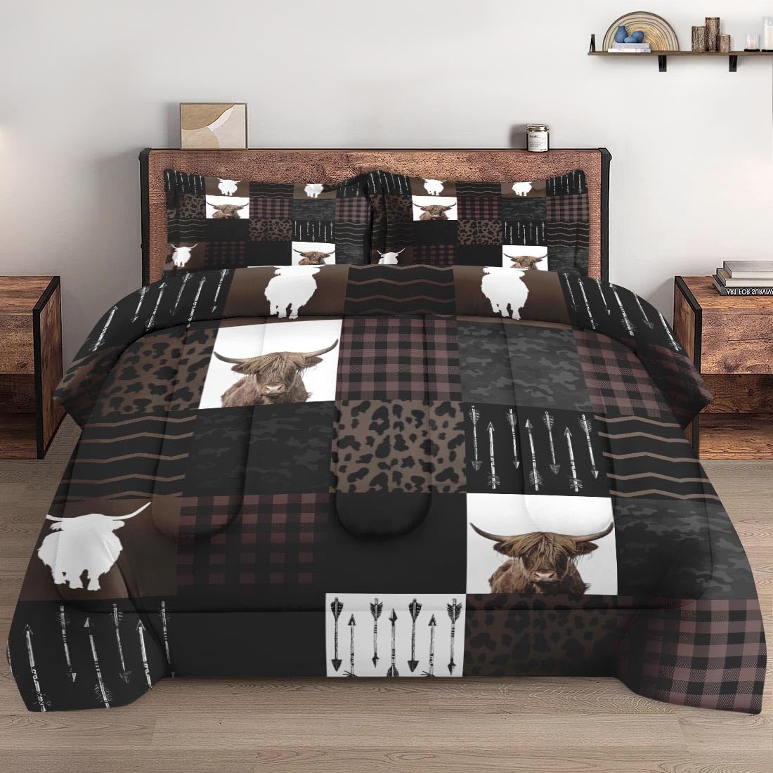 Wecozy 3 Pcs King Size Comforter Set With 2 Pillowcases, Highland Cow Animal Bedding Set For Kids And Adults, Brown Farm Vintage