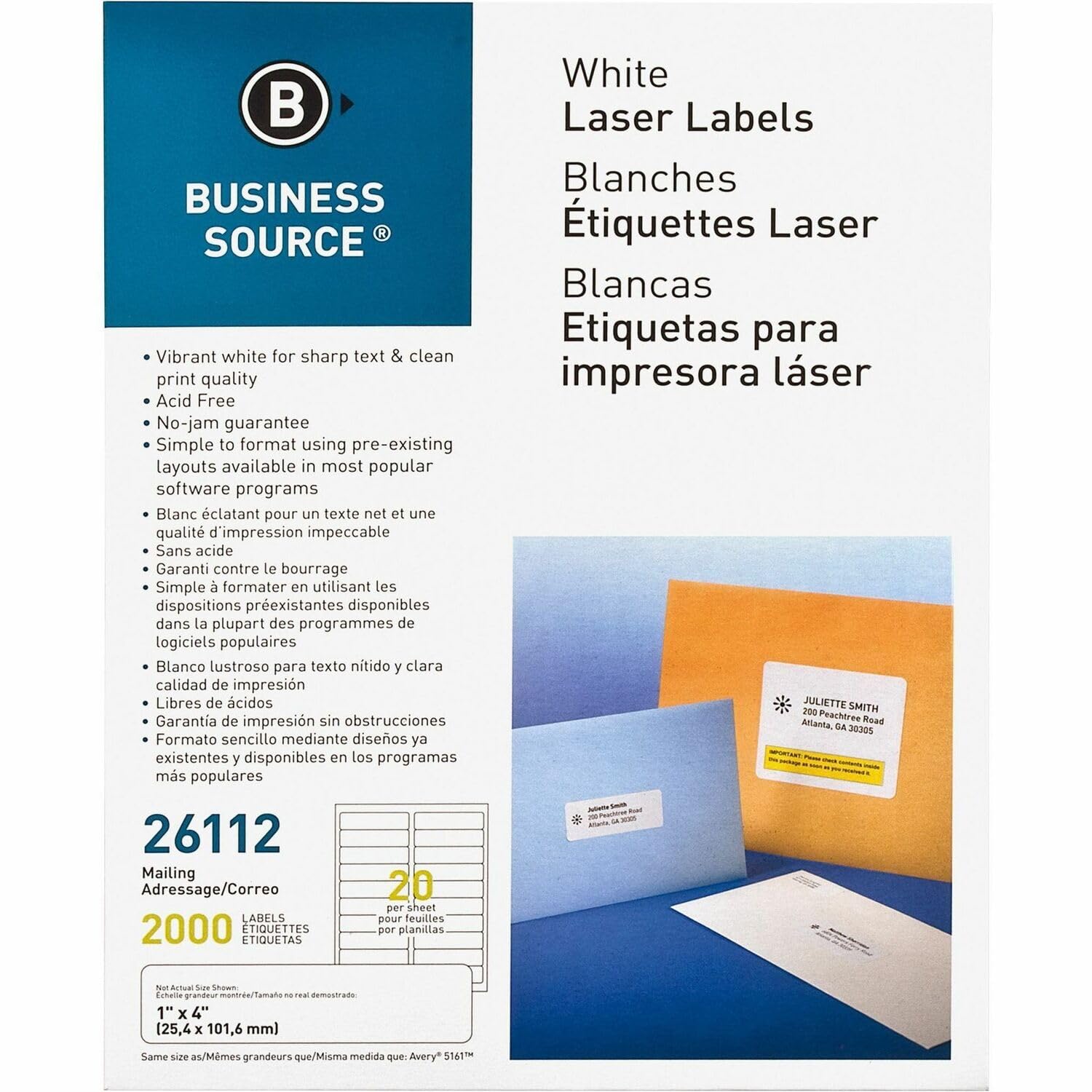Business Source 26112 Mailing Labels, Laser, 1-Inch X4-Inch, 2000/Pk, White