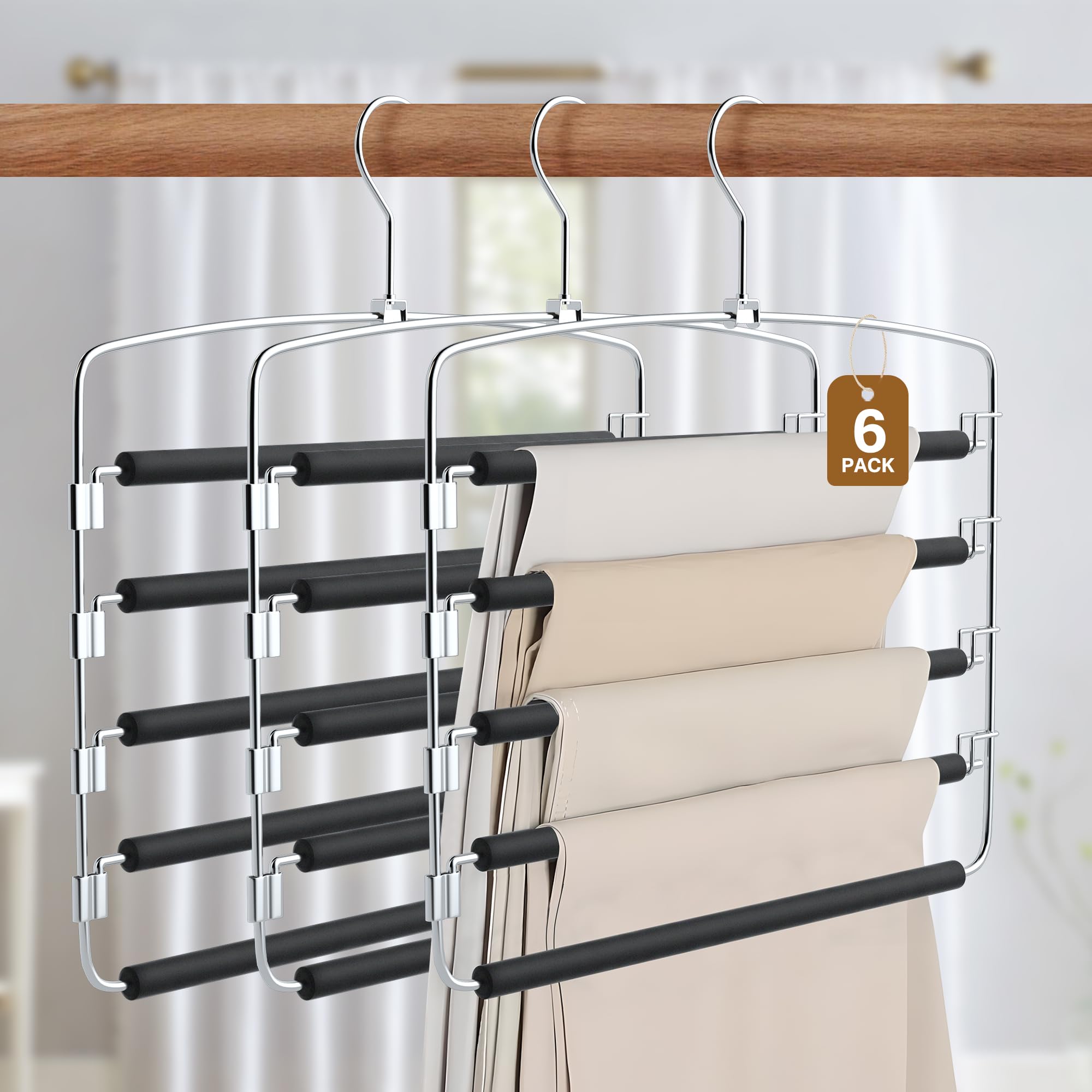 Cycleacc Pants Hangers, 6 Pack Anti-Slip Space Saving Hangers, 5 Layer Swing Arm Pants Hanger Stainless Steel with Non-Slip Padd