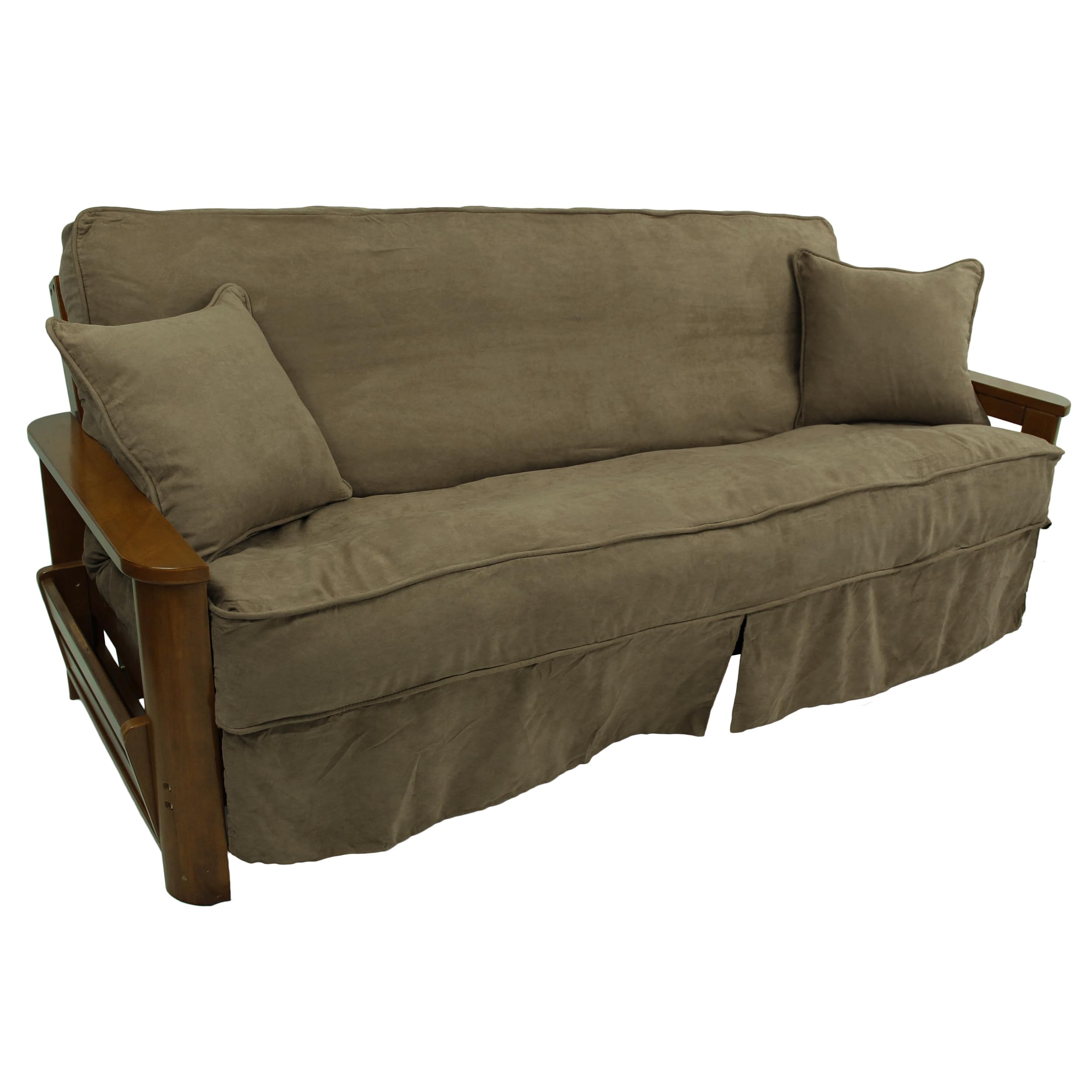 Blazing Needles Solid Microsuede Double Corded 8" to 9" Futon Slipcover Set with 2 Throw Pillows (Set of 3), Full, Java
