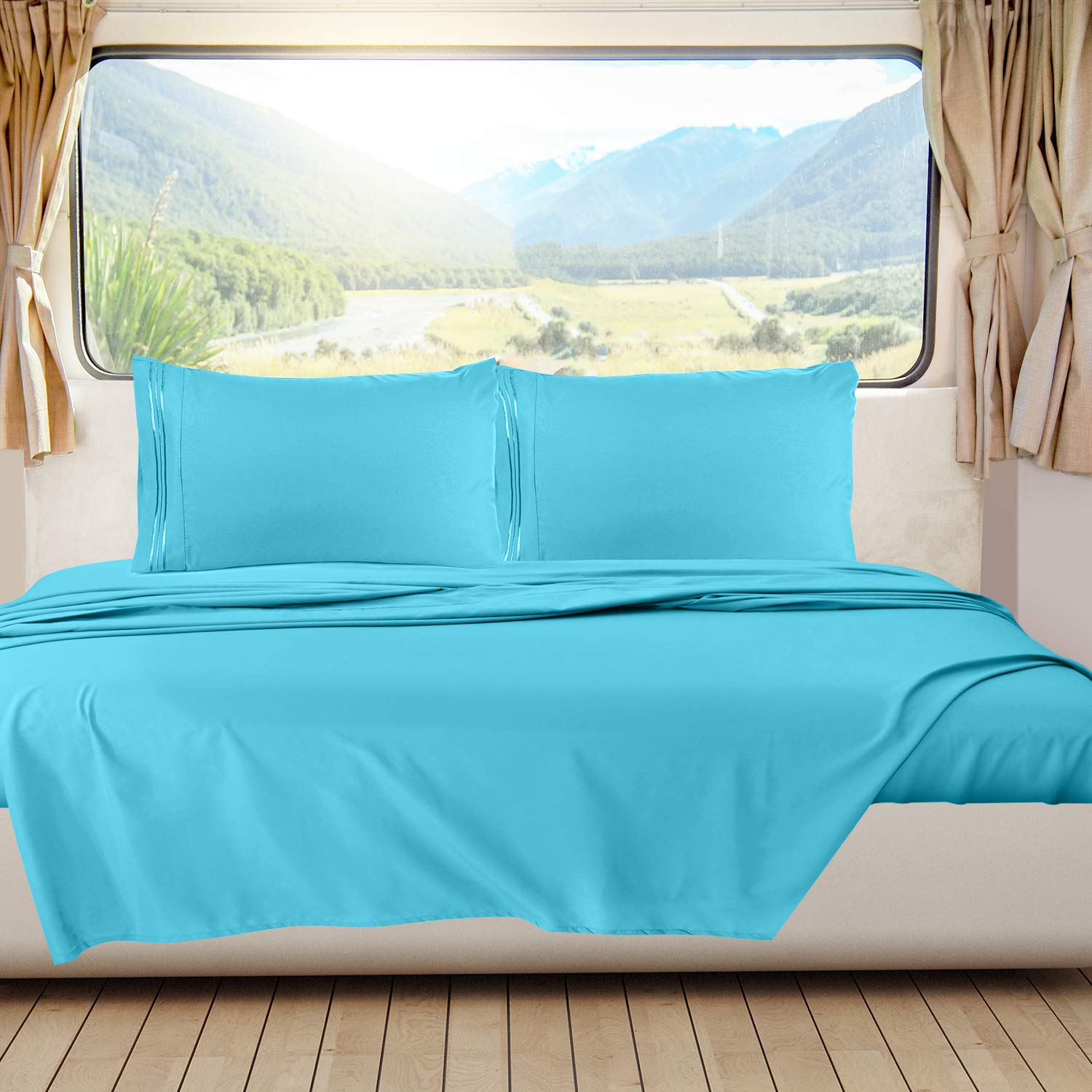 Nestl Beach Blue Rv Queen Sheets – Super Soft Rv Short Queen Sheets For Rv Camper, 6 Piece 1800 Microfiber Fitted Rv Sheets, Double Brushed Rv Bed Sheets Set, Camper Sheets And Pillowcases