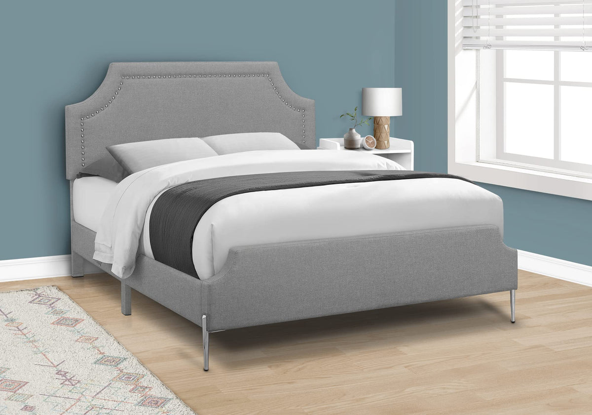 Monarch Specialties I 6035Q Bed, Frame, Platform, Bedroom, Queen Size, Upholstered, Linen Look Fabric, Metal Legs, Grey, Chrome, Contemporary, Modern