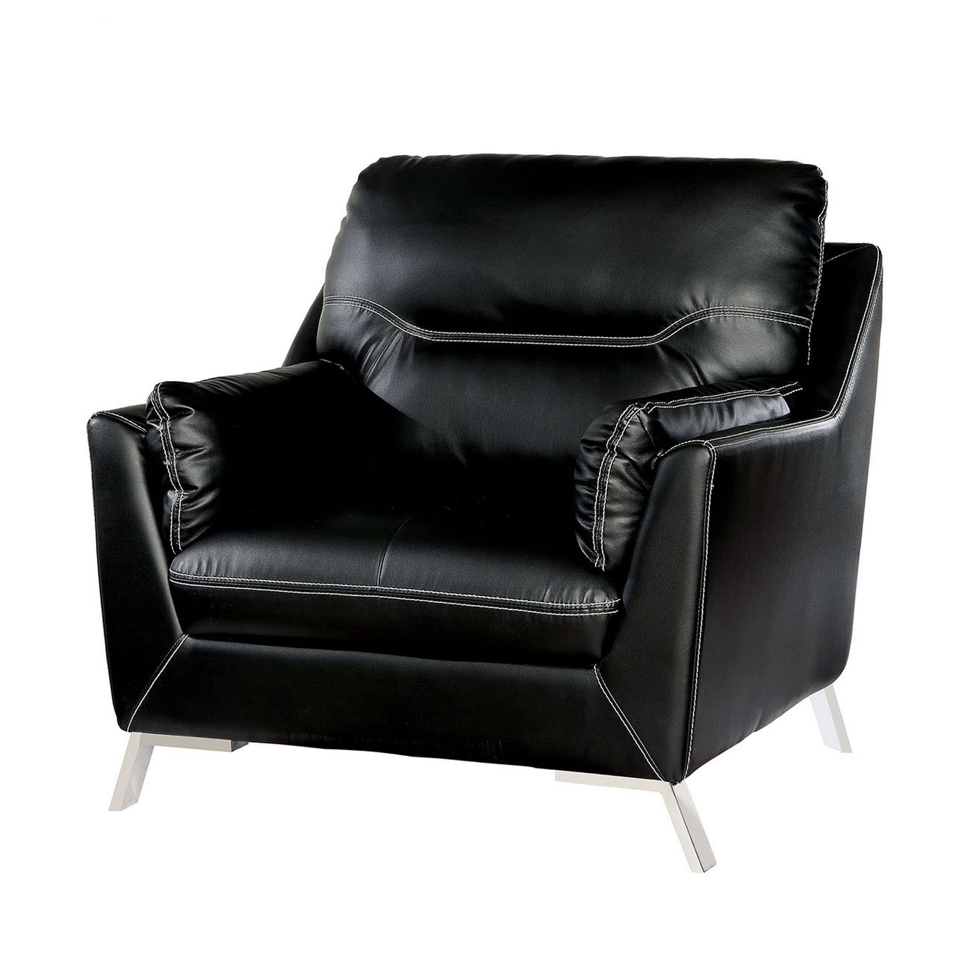 Benzara Leather Upholstered Chair with Metal Flared Legs, Black
