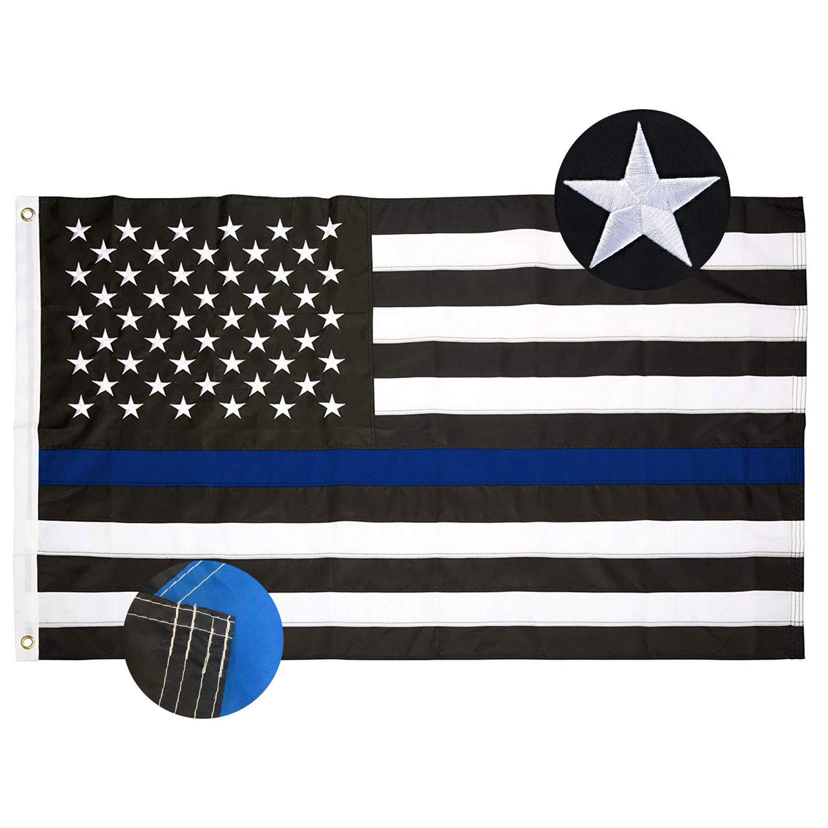 Embroidered Thin Blue Line Police Flag 3X5 Outdoor- Blue Stripe American Police Flags - Usa Honoring Law Enforcement Officers Ba