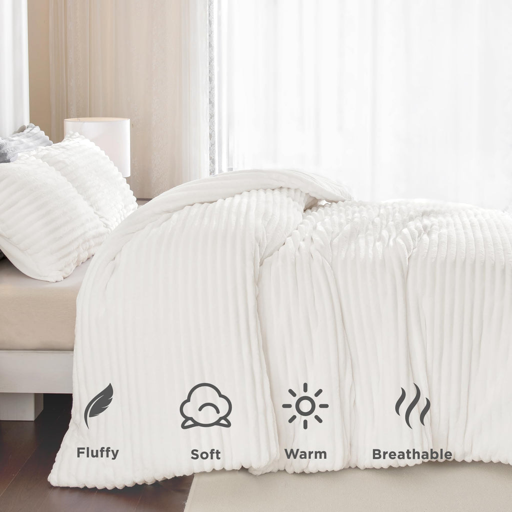 Andency Fluffy Queen Comforter Set – Soft White Fleece Bedding, 3 Pieces (1 Comforter, 2 Pillowcases) – Winter Warm Plush Queen Size