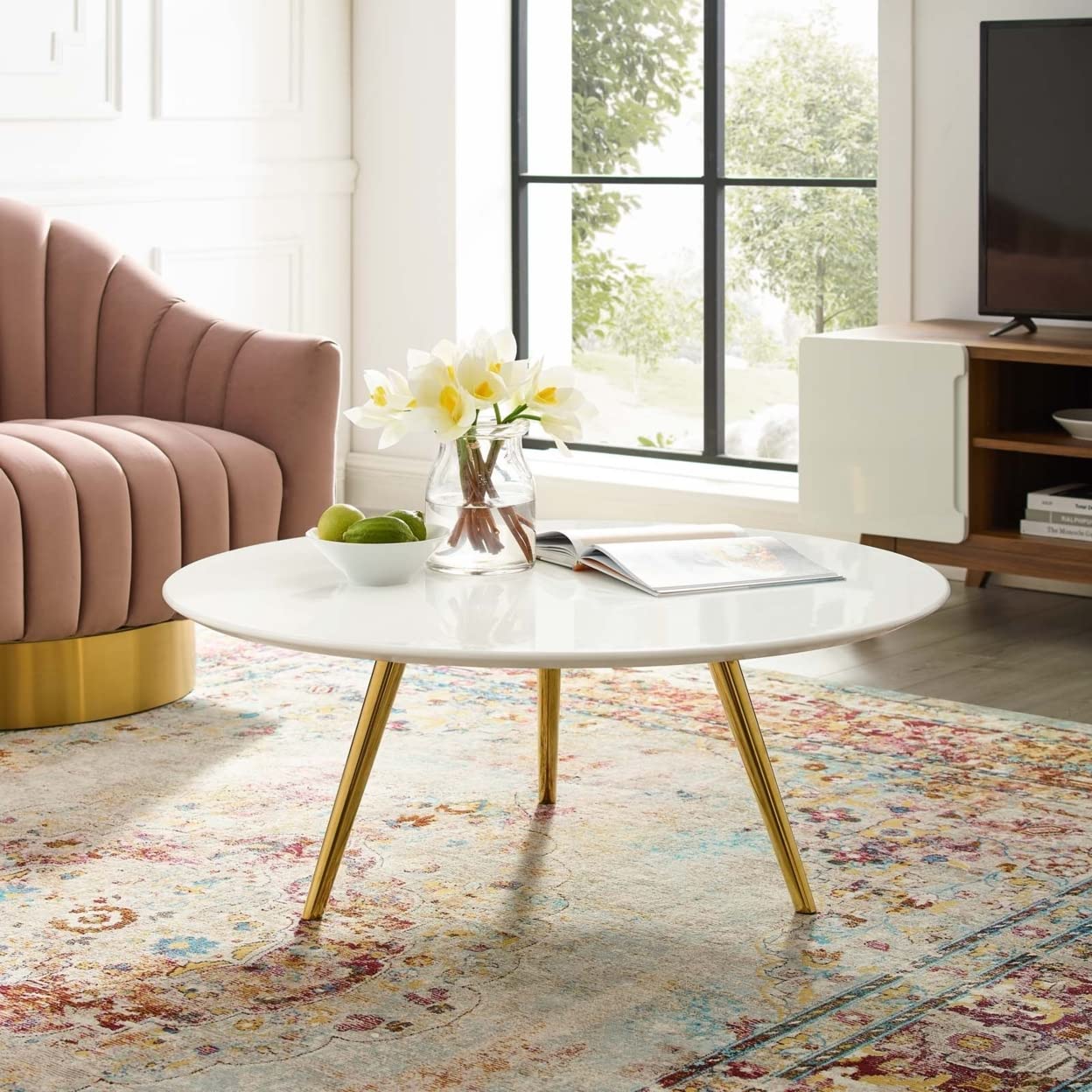 Modway Lippa 36&quot; Mid-Century Modern Round Coffee Table With Tripod Base In Gold White