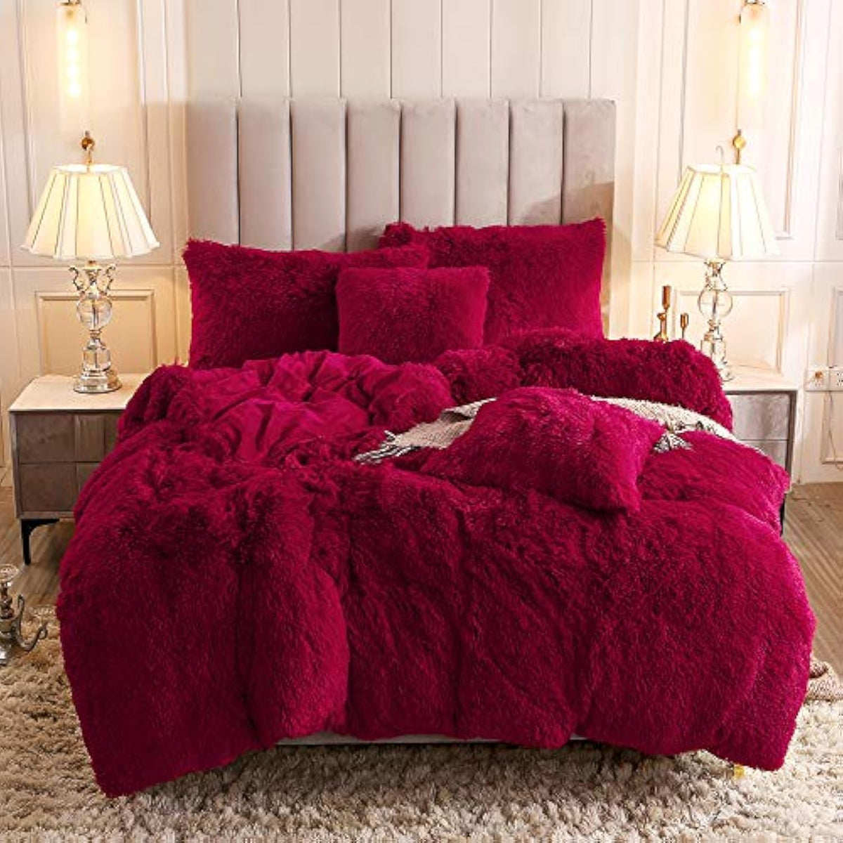 Uhamho Faux Fur Velvet Fluffy Bedding Duvet Cover Set Down Comforter Quilt Cover With Pillow Sham, Ultra Soft Warm (Burgundy, Tw
