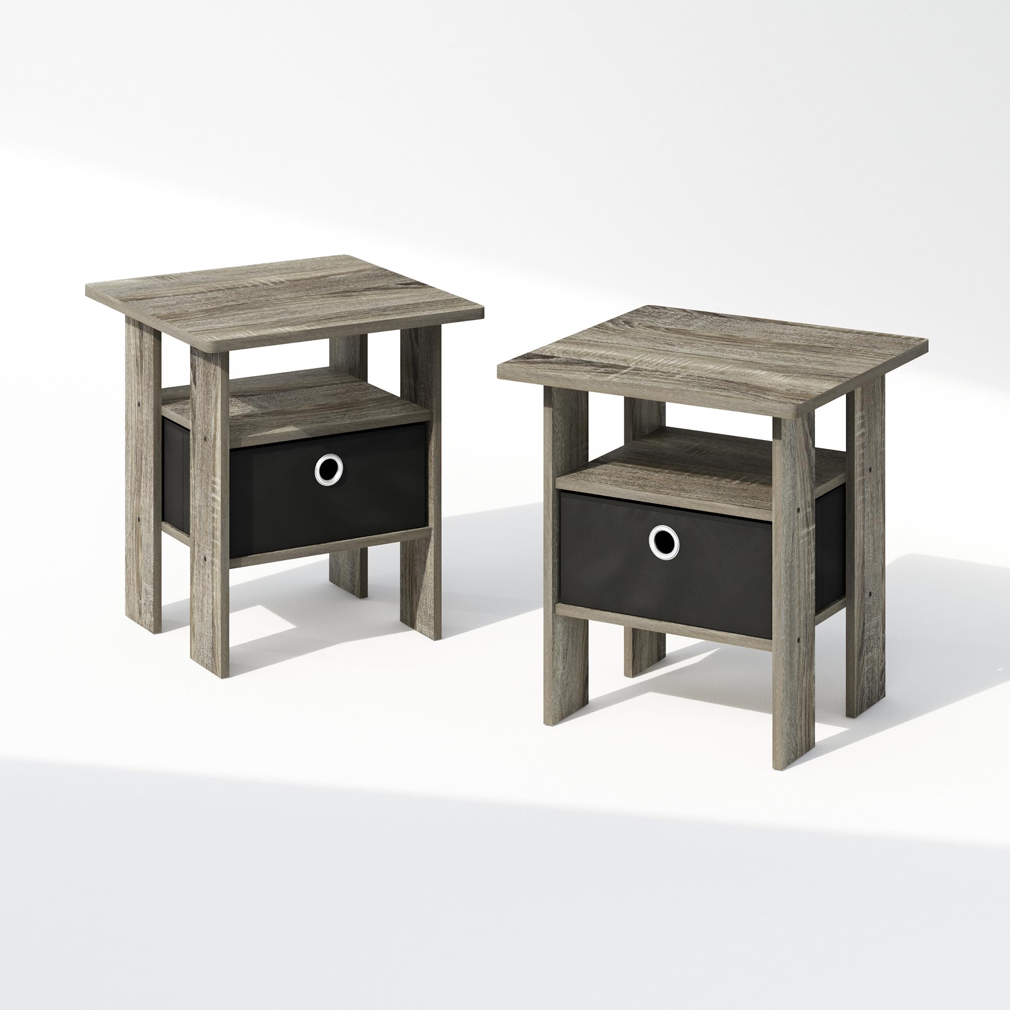 Furinno Tidur Bedside Table Nightstand With Bin Drawer, French Oak/Black, Set Of 2
