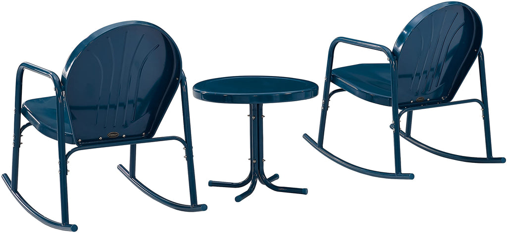 Crosley Furniture Griffith 3-Piece Outdoor Rocking Chair And Side Table Set, Retro Metal Bistro Patio Sets, Navy Gloss
