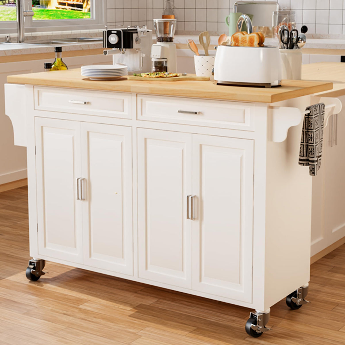 Hidsliving Kitchen Island With Storage 54' Large Rolling Kitchen Island Cart On Wheels 2 Cabinets 2 Drawers,Spice Towl Rack Mob