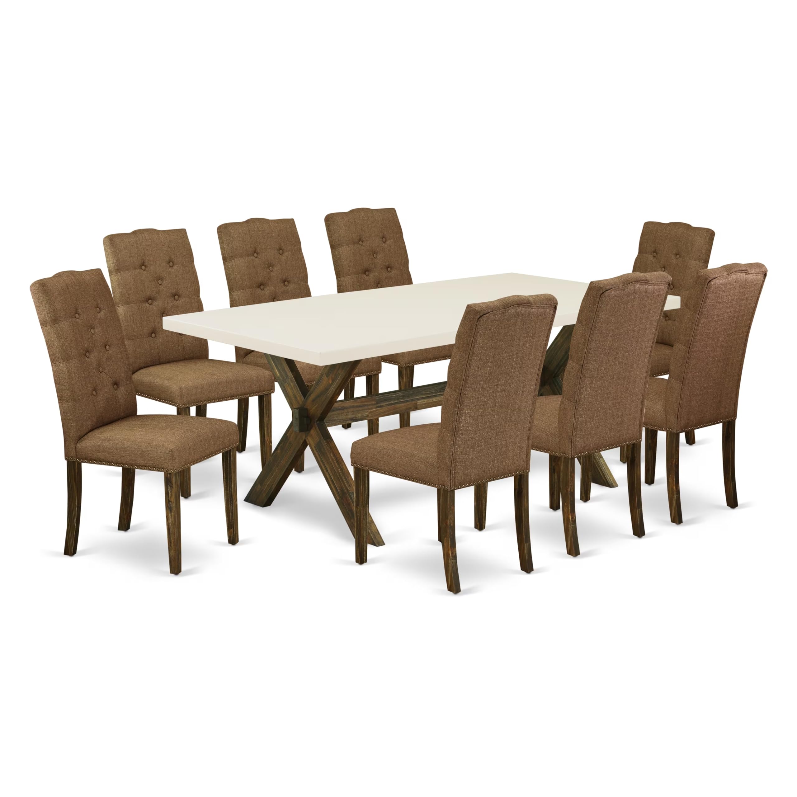East West Furniture X727El718-9 9-Pc Rectangular Dining Table Set – Dining Room Table Rectangular Top - 8 Parson Chairs Linen Fabric Seat And Back (Linen White & Distressed Espresso Finish)