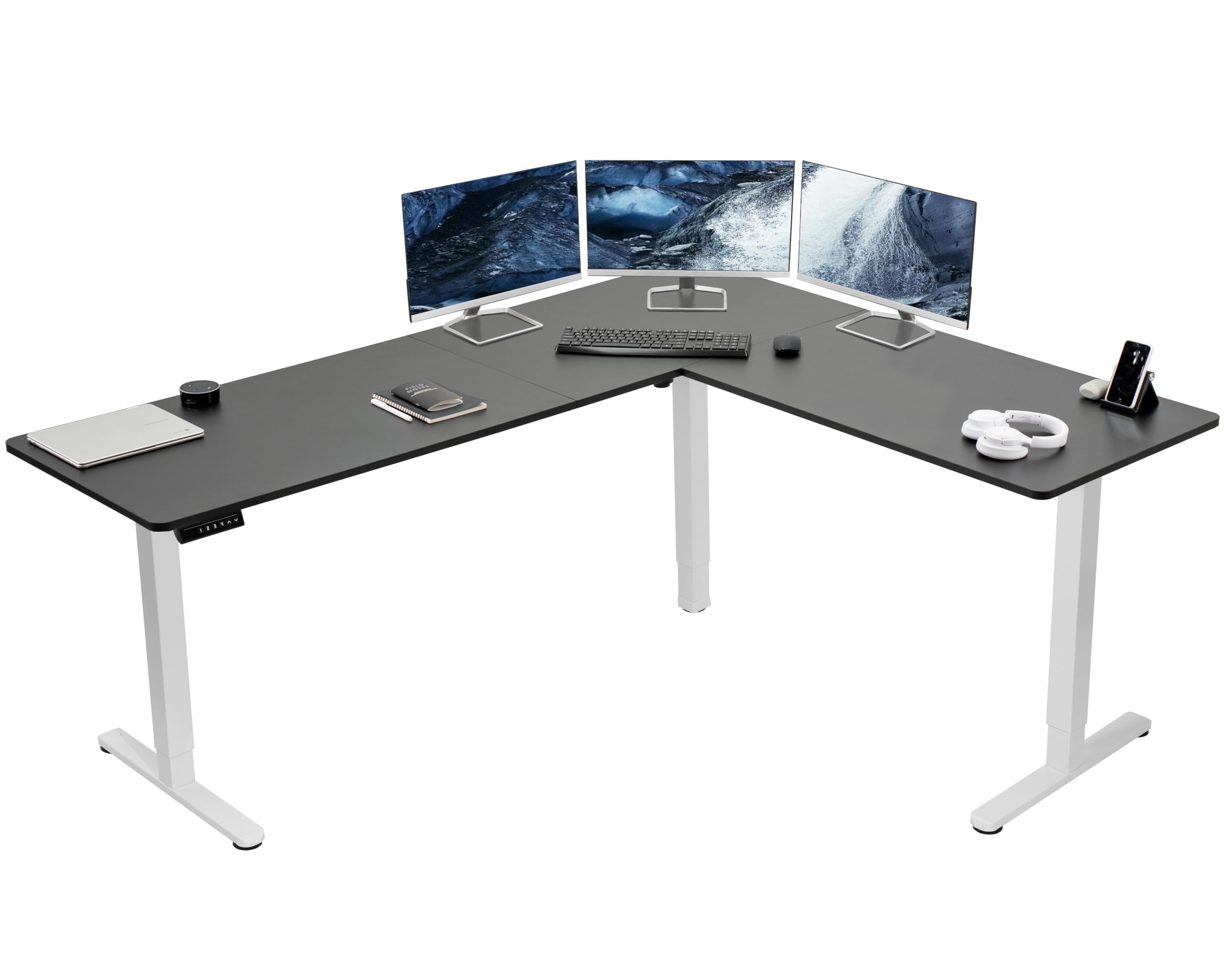 VIVO Electric Corner 75 x 63 inch L-Shaped Standing Desk, Memory Height Adjustment, Black Top White Frame, DESK-E3CTWB-75