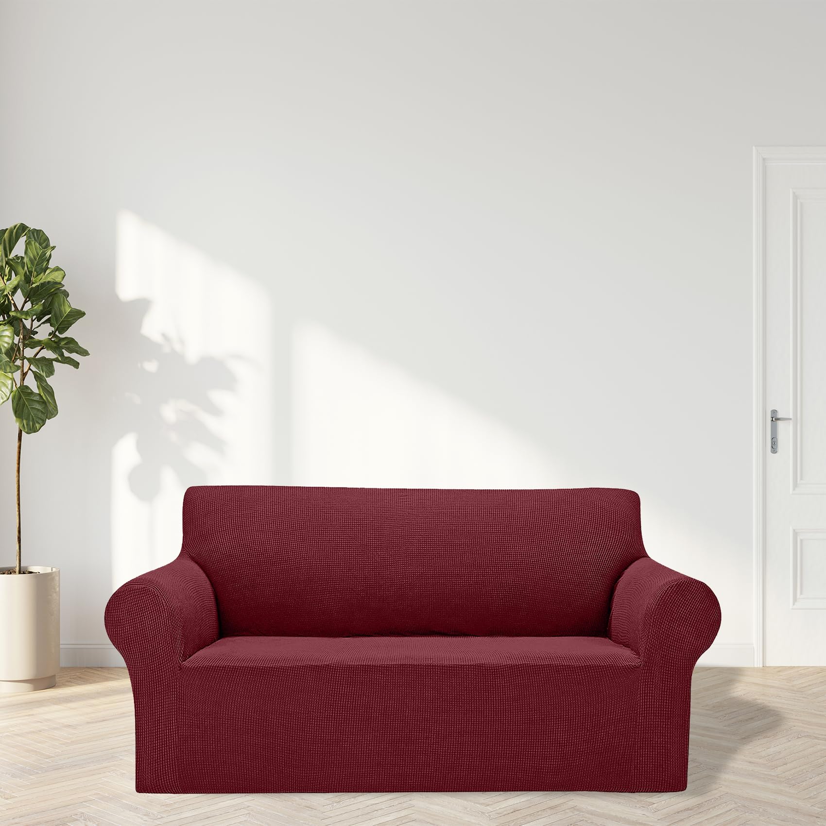 2025 New Stretch Loveseat Sofa Slipcovers Couch Cover For 2 Cushion Furniture Protector Sofa Covers With Elastic Bottom Jacquard Fabric Small Checks For Pets, Kids - Dark Red