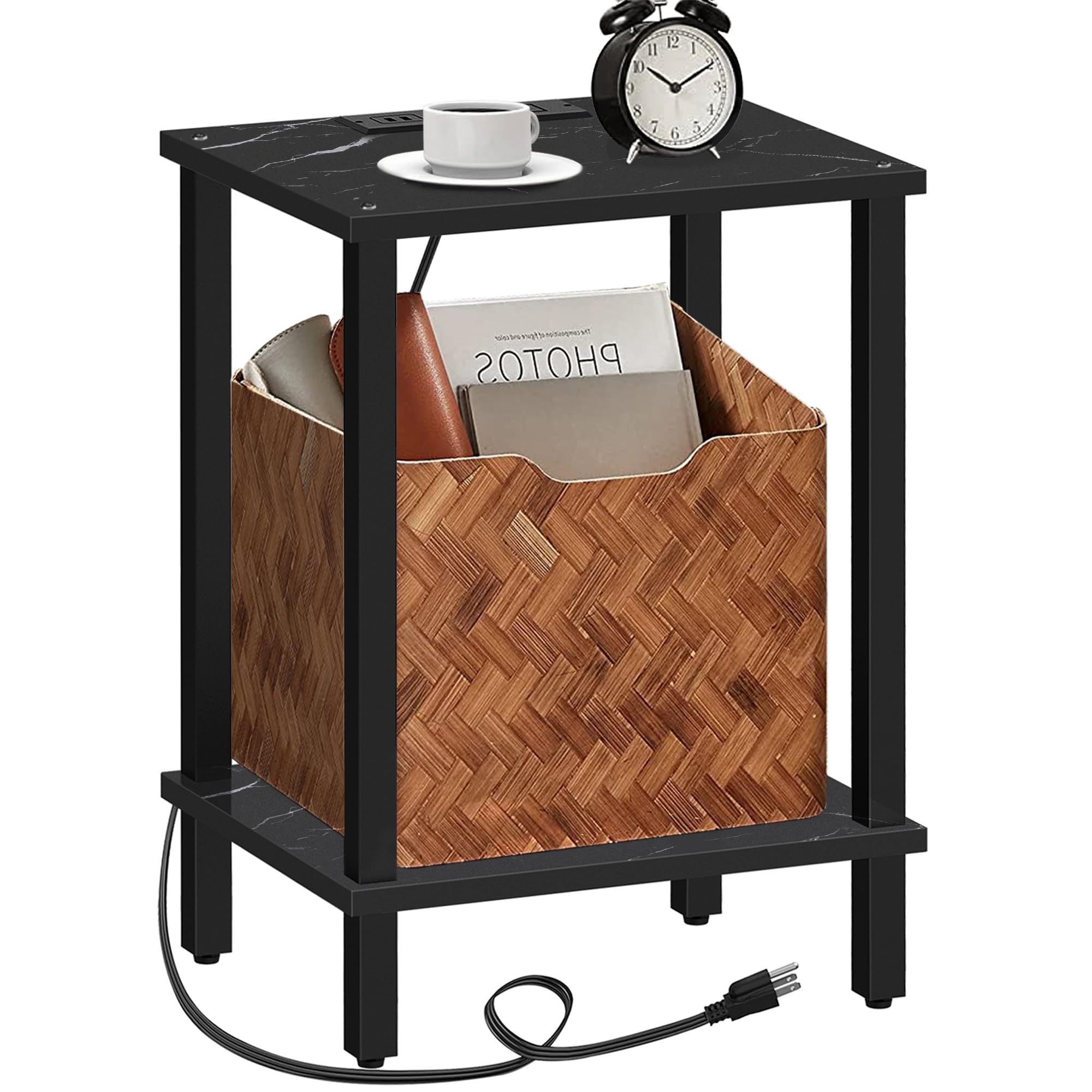 Tutotak End Table With Charging Station, Side Table With Usb Ports And Outlets, Nightstand, 2-Tier Storage Shelf, Sofa Table For Small Space Tb01Bmk040