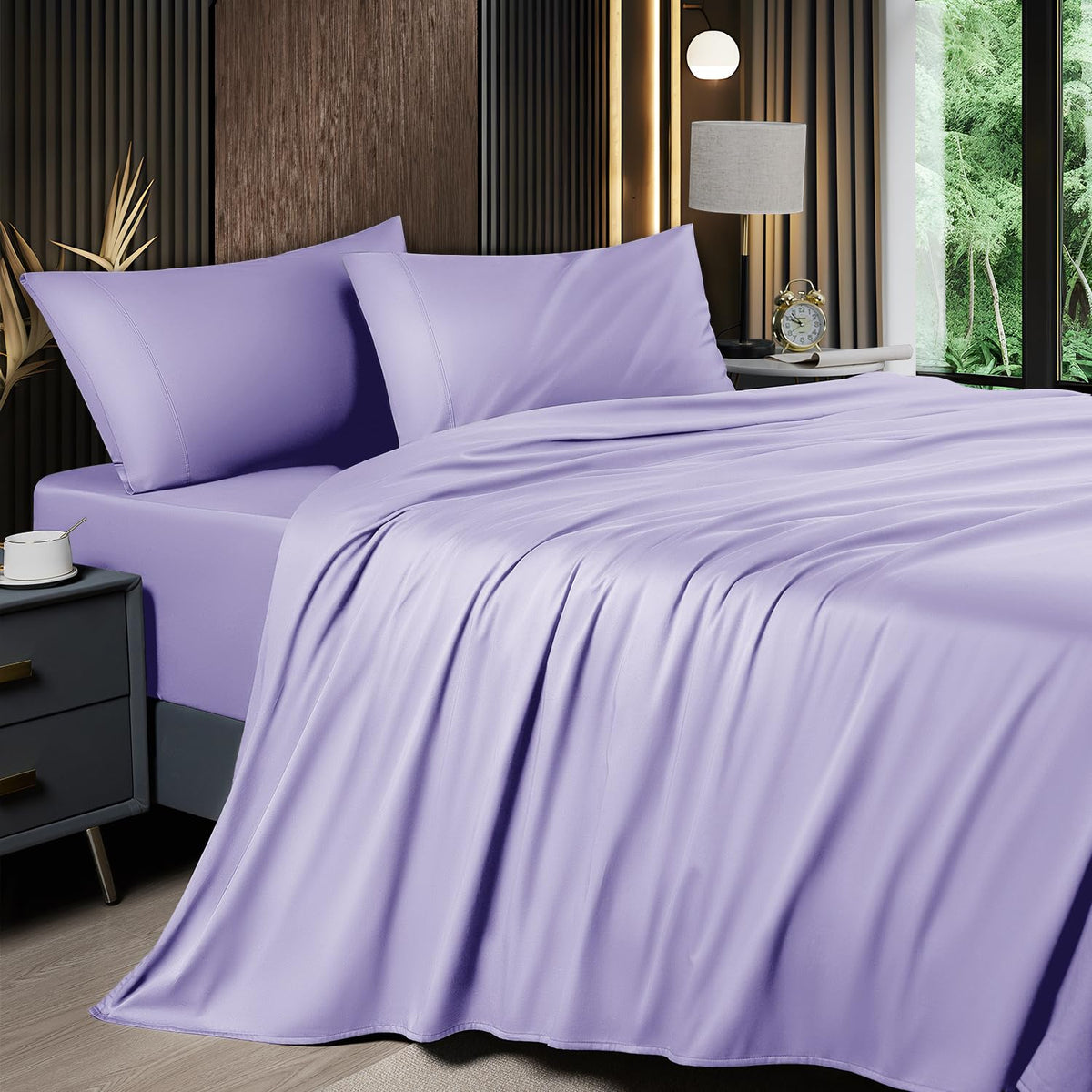 Shilucheng 4-Piece King Size Sheets Set,Blend Of 60% Rayon Derived From Bamboo_ And 40% Polyester,Cooling Bed Sheets, Silky Bedd