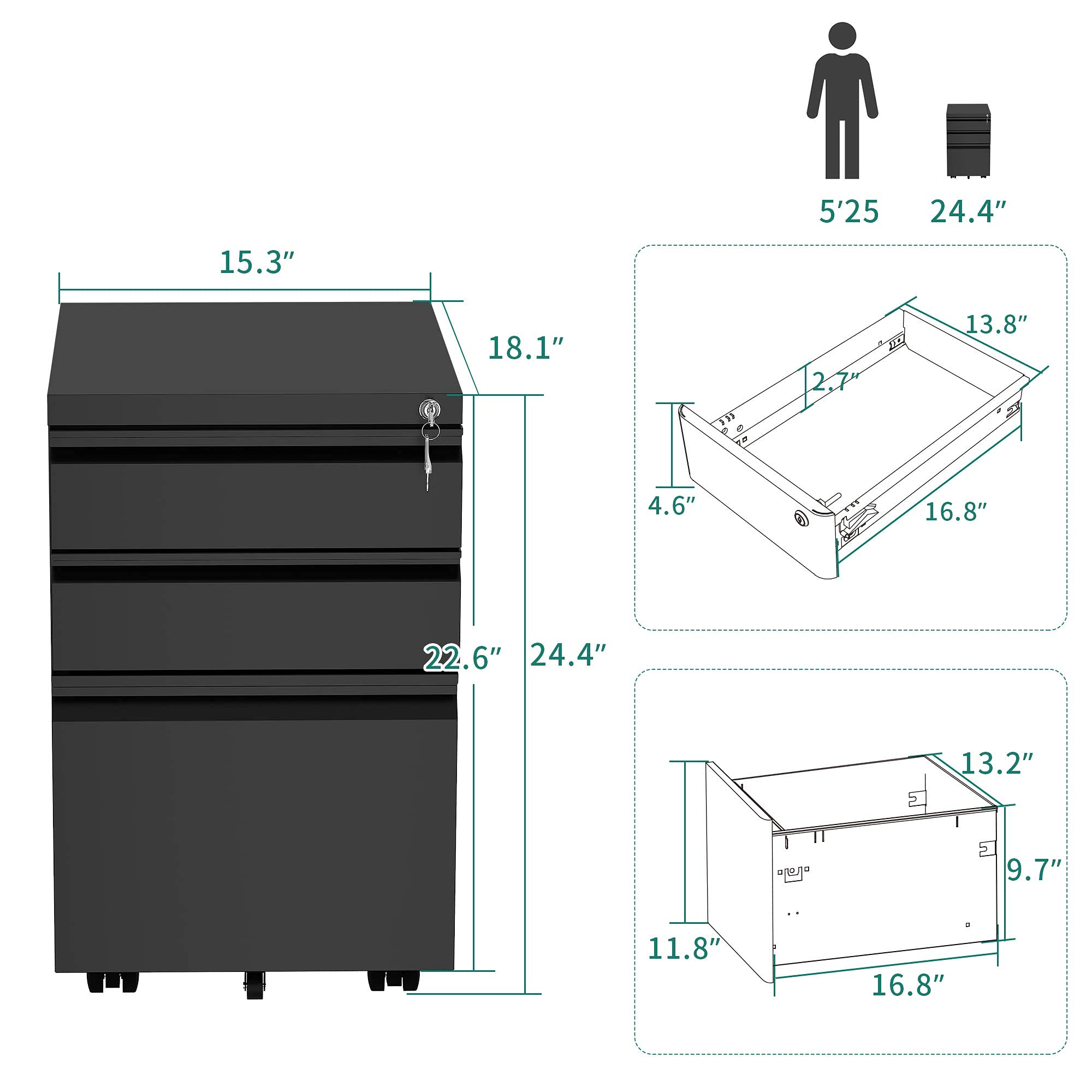 Yitahome 3-Drawer Mobile File Cabinet With Lock, Office Storage Filing Cabinet For Legal/Letter Size, Pre-Assembled Metal File Cabinets Except Wheels Under Desk -Black