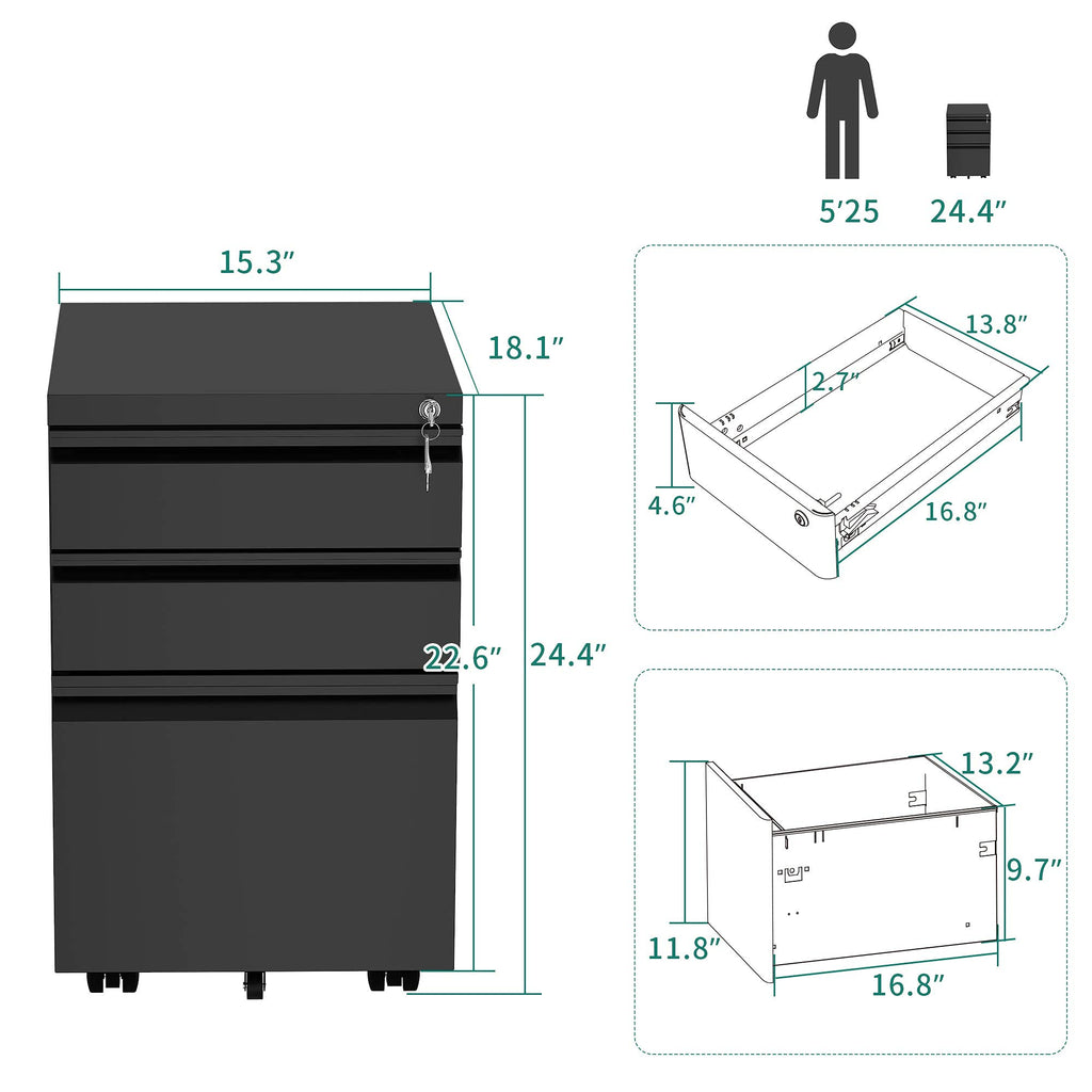 Yitahome 3-Drawer Mobile File Cabinet With Lock, Office Storage Filing Cabinet For Legal/Letter Size, Pre-Assembled Metal File Cabinets Except Wheels Under Desk -Black