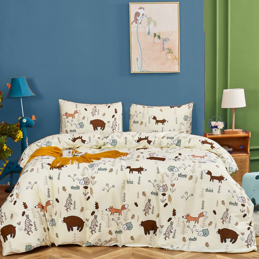 Clothknow Kids Comforter Sets Full Yellow Bear Comforter Full Boys Girls Bedding Cartoon Fox Bed Set Theme Woodland Forest Animal Bedding 3Pcs Bedding Comforter Sets Full