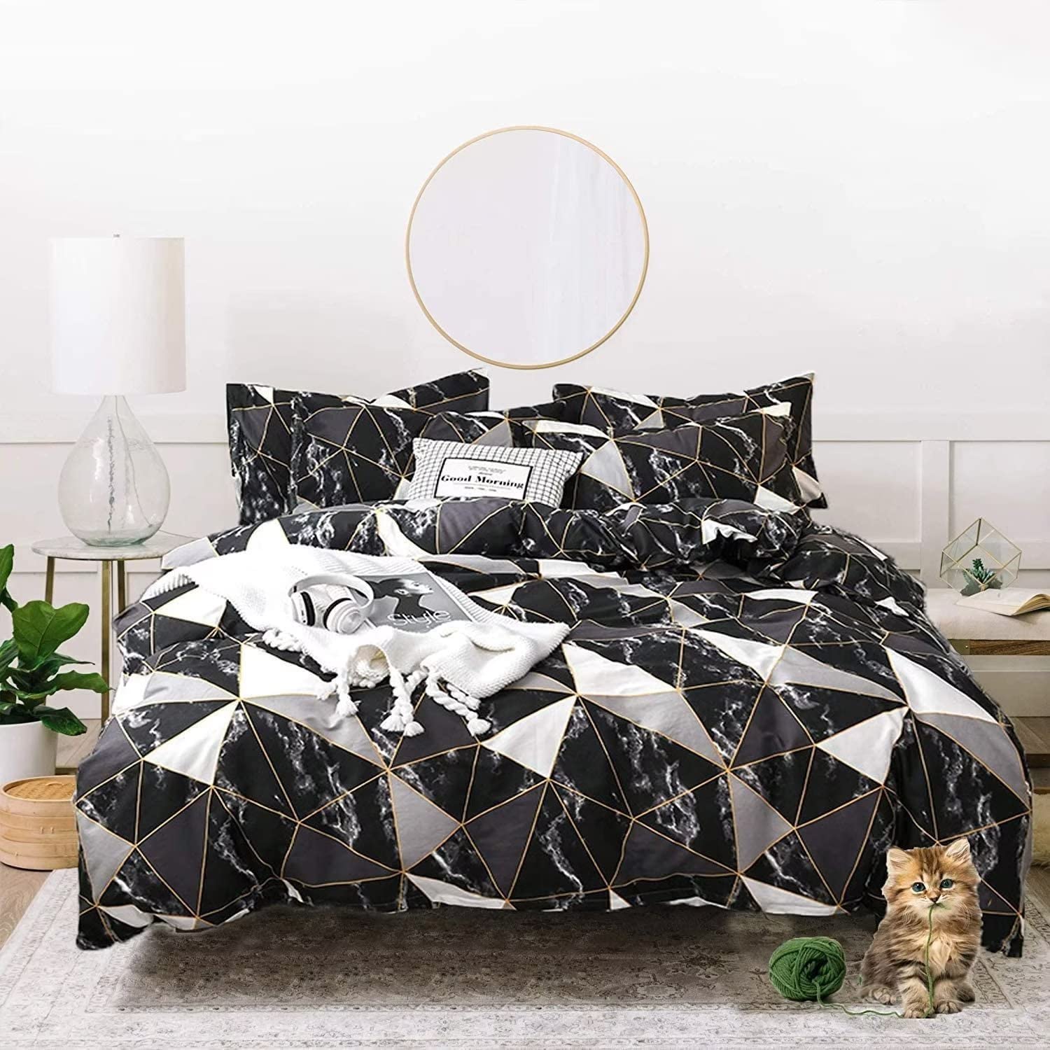 Houseri Black Comforter Set Full Black And White Geometric Marble Full Size Bedding Sets Boys Soft Breathable Black Plaid Beddin