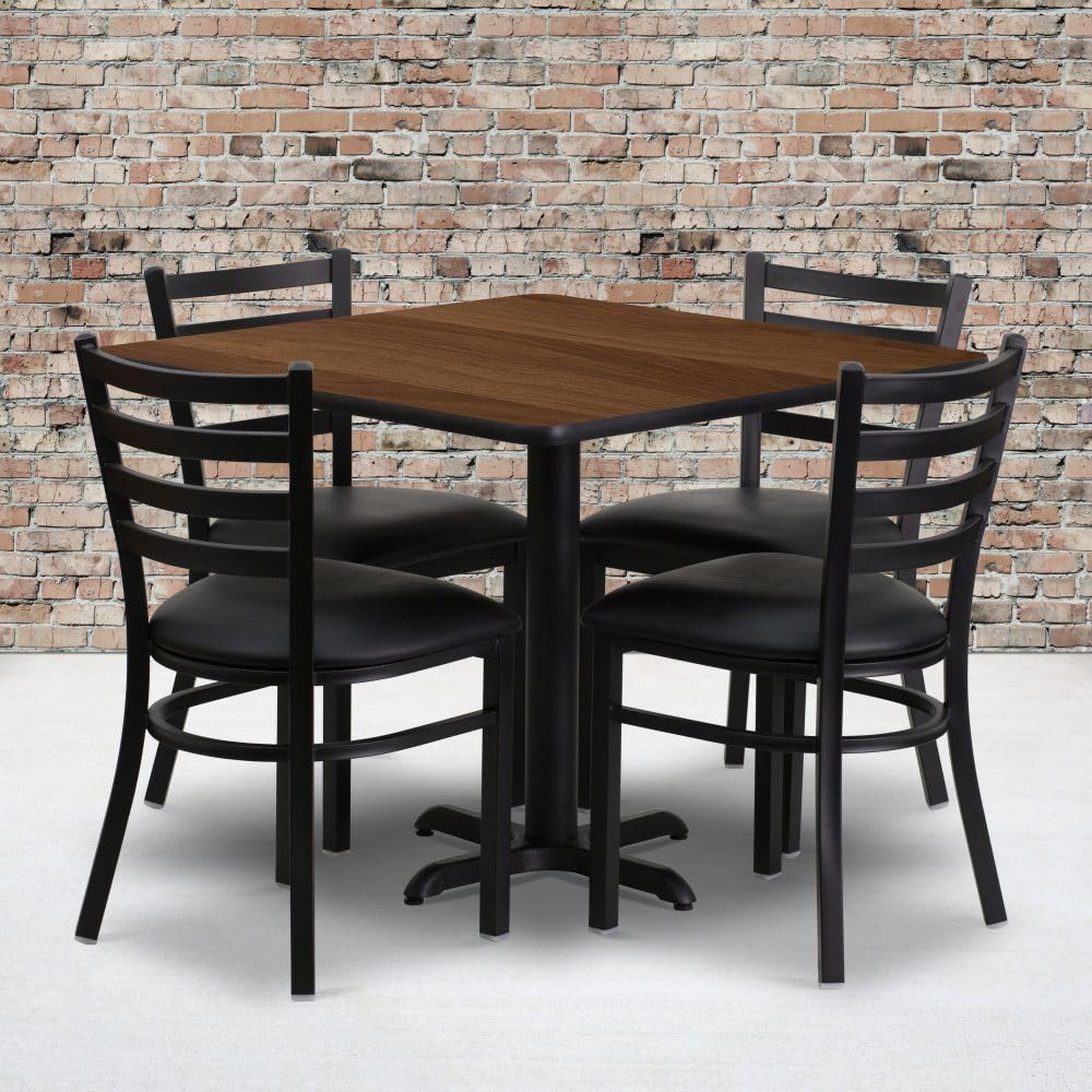 Flash Furniture 36'' Square Walnut Laminate Table Set with X-Base and 4 Ladder Back Metal Chairs - Black Vinyl Seat