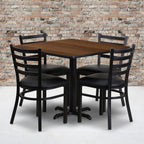 Flash Furniture 36'' Square Walnut Laminate Table Set with X-Base and 4 Ladder Back Metal Chairs - Black Vinyl Seat