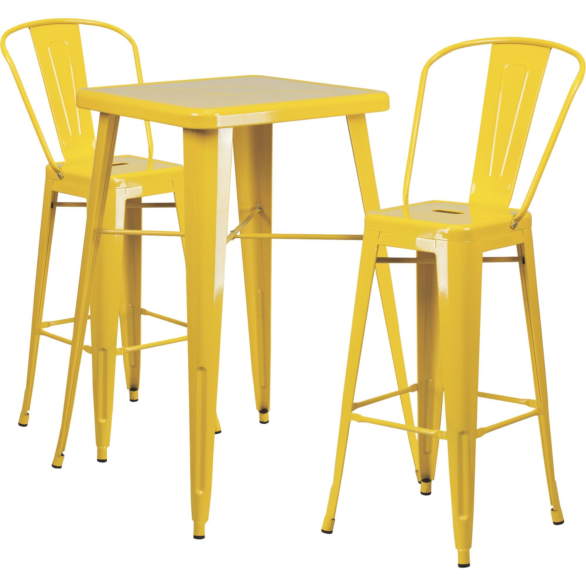 Flash Furniture Commercial Grade 23.75" Square Yellow Metal Indoor-Outdoor Bar Table Set With 2 Stools With Backs