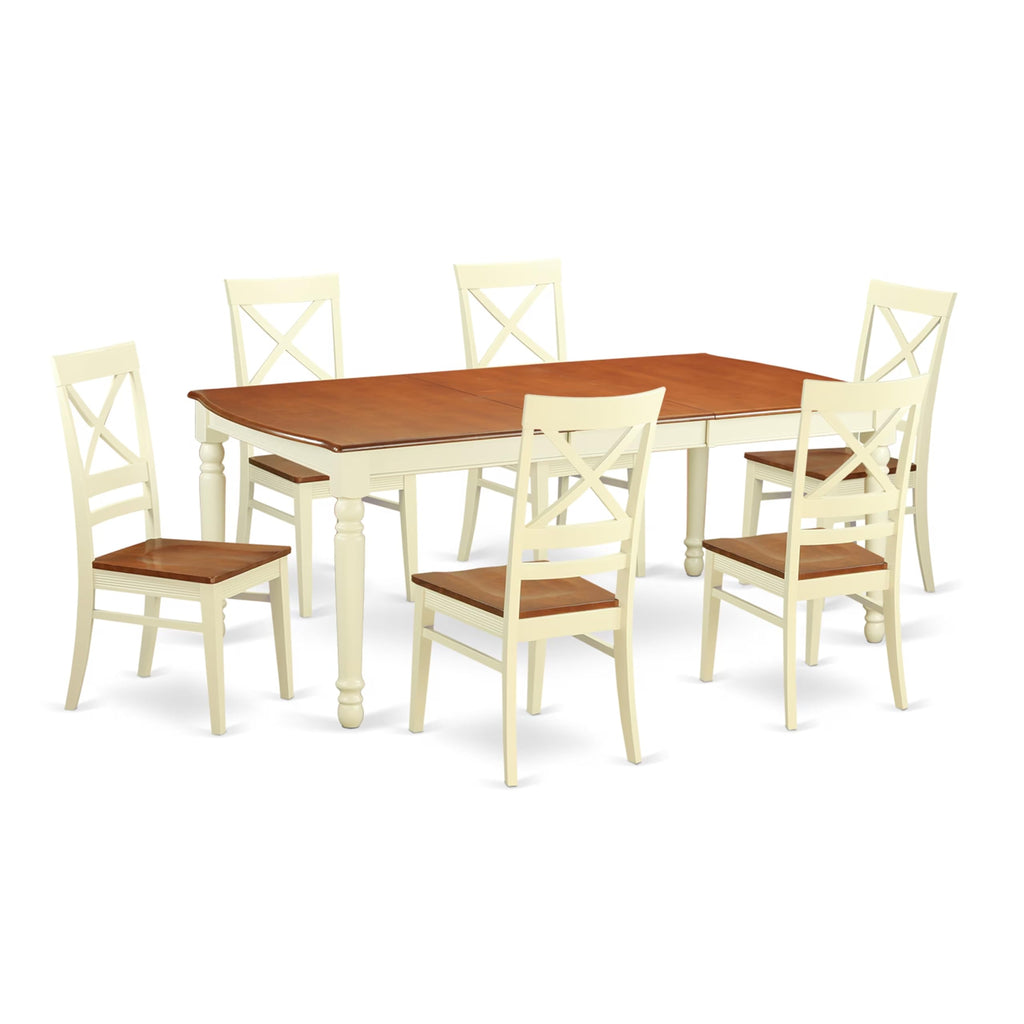 East West Furniture DOQU7-WHI-W 7 Piece Dining Room Table Set Consist of a Rectangle Wooden Table with Butterfly Leaf and 6 Kitchen Dining Chairs, 42x78 Inch, Buttermilk & Cherry