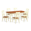East West Furniture DOQU7-WHI-W 7 Piece Dining Room Table Set Consist of a Rectangle Wooden Table with Butterfly Leaf and 6 Kitchen Dining Chairs, 42x78 Inch, Buttermilk & Cherry