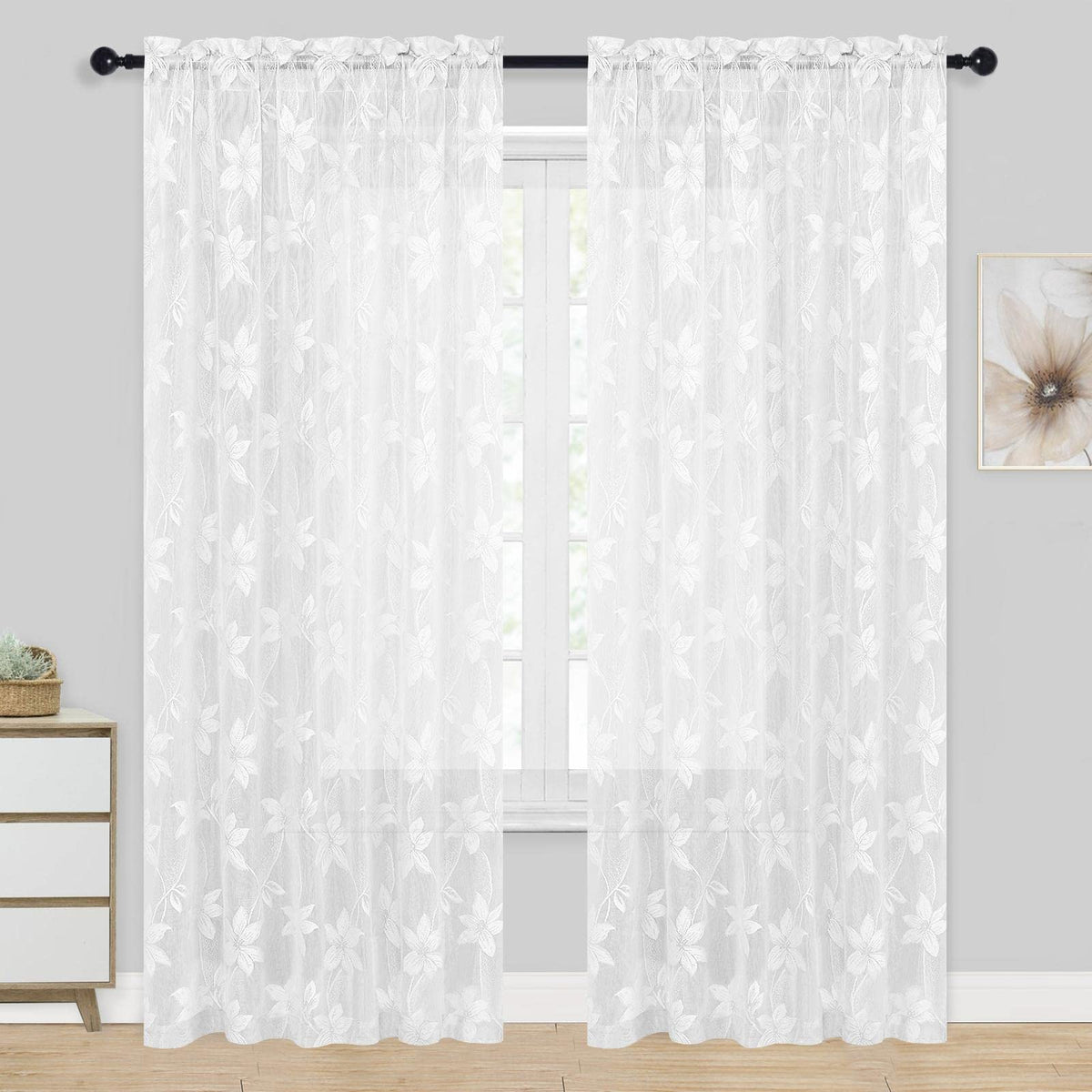 Dwcn White Floral Lace Sheer Curtains - Extra Wide 84 Inch Long Floral Lace Design Rod Pocket Window Voile Sheer Drapes For Bedr
