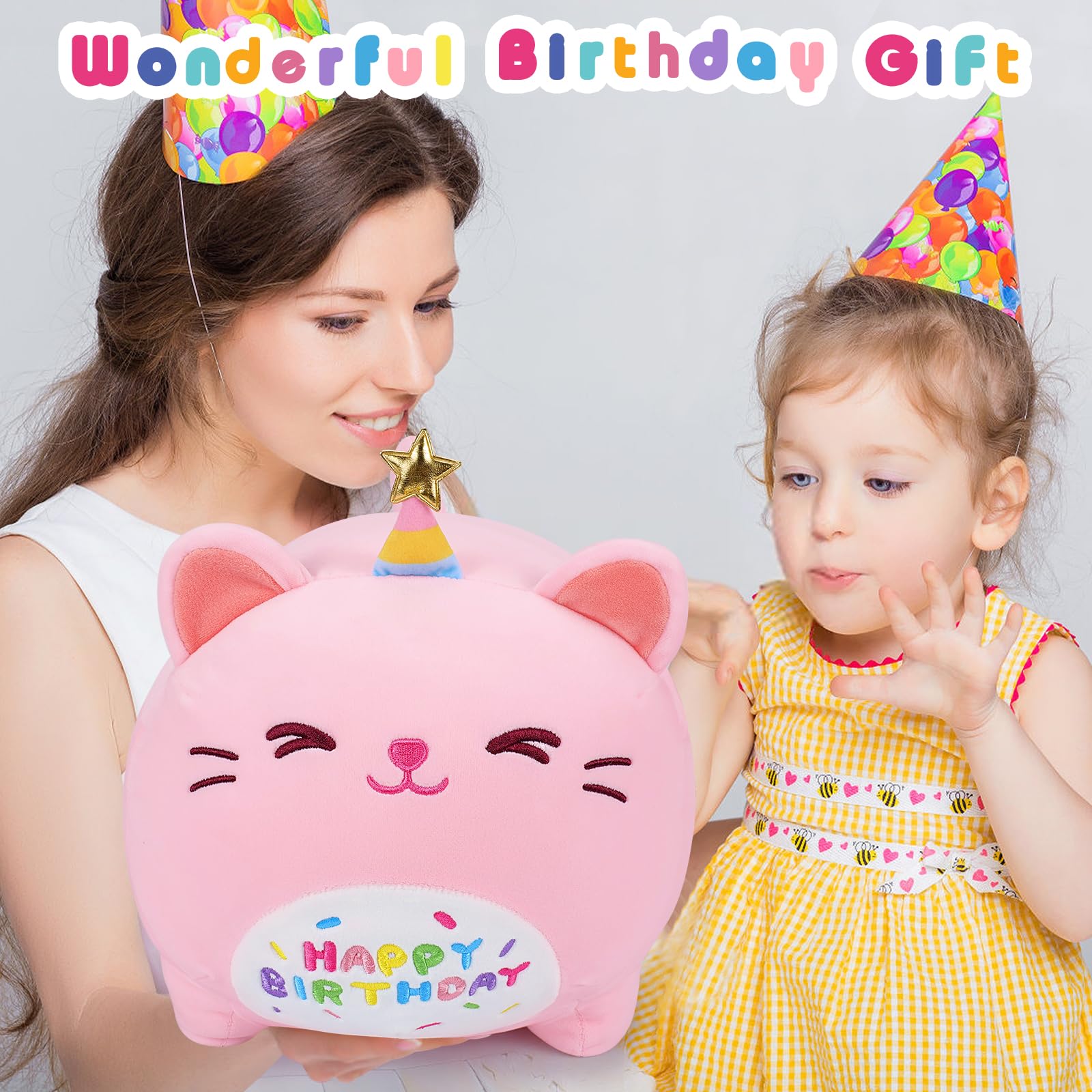 Pink Birthday Cat Plush Stuffed Animals-Gifts For Girlfriend, 16' Pink Cat Plush, Kawaii Plushies Cat Body Pillow Cat Plushie,