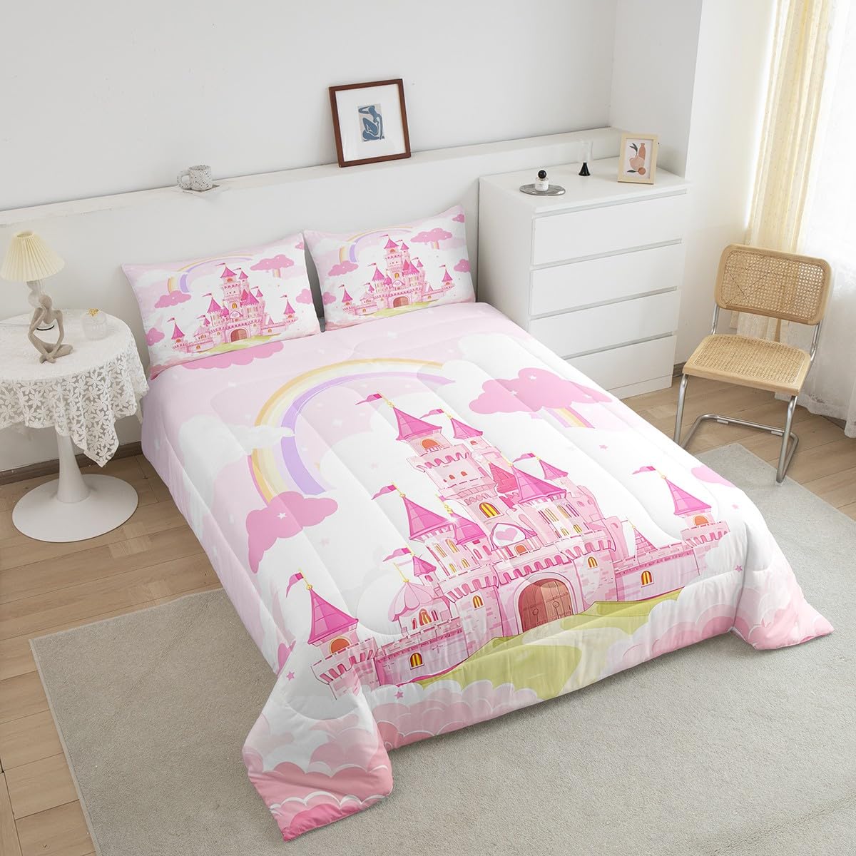 Feelyou Kids Queen Pink Castle Comforter Set Boys Girls Rainbow Castle Bedding Set Girls Princess Comforter Fairy Tales Duvet Se