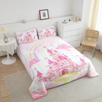Feelyou Kids Queen Pink Castle Comforter Set Boys Girls Rainbow Castle Bedding Set Girls Princess Comforter Fairy Tales Duvet Se