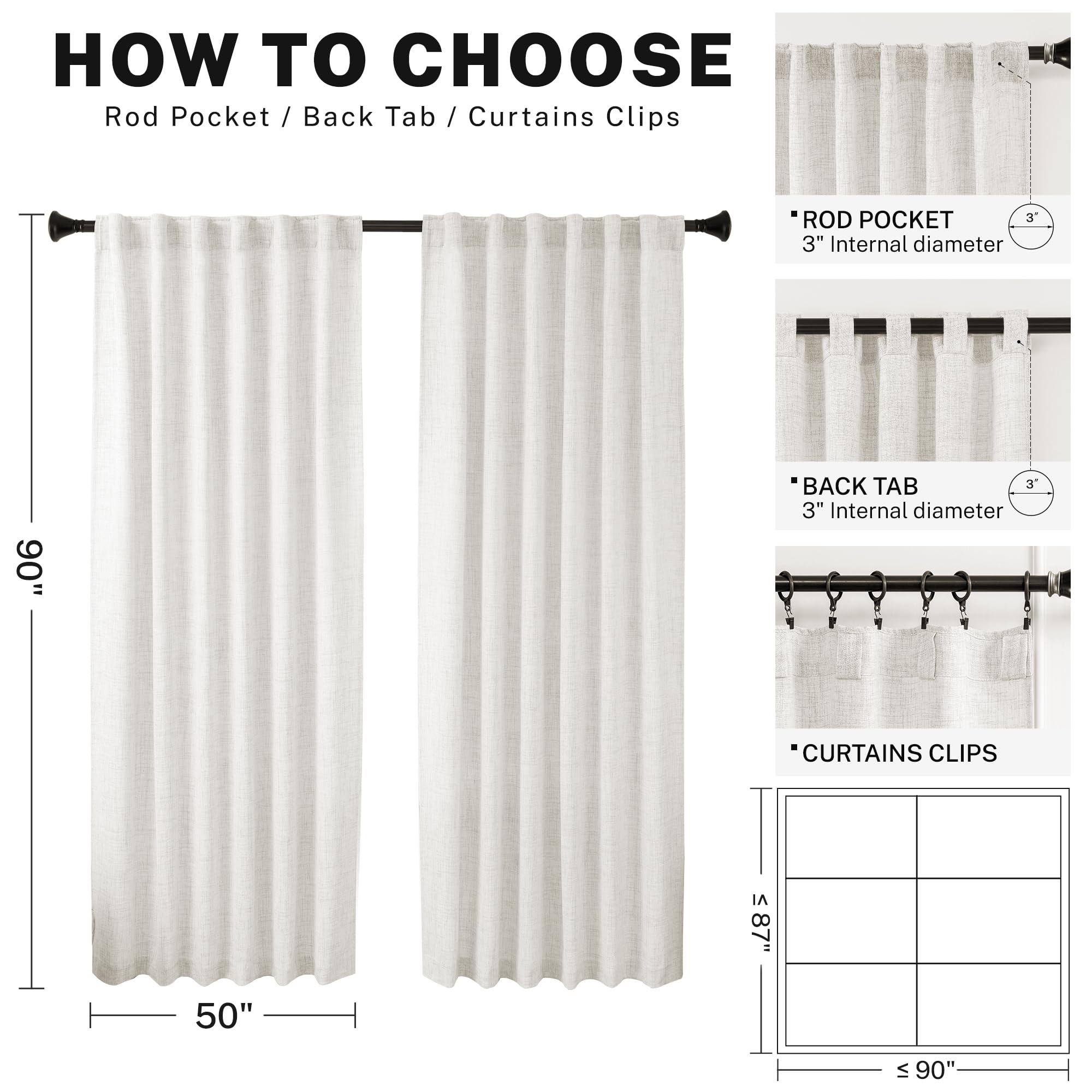 Meetbily 90 Inches Long Linen Back Tab Curtains 2 Panels Set For Living Room Ivory Light Filtering Semi Sheer Farmhouse Boho Lin