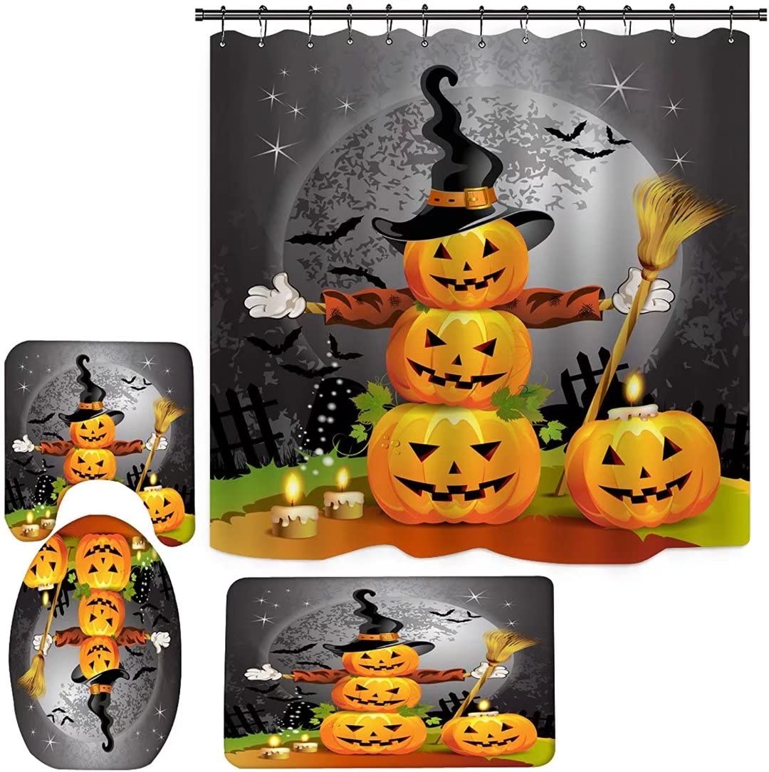 Nbvko Halloween Pumpkin Waterproof Shower Curtain,With Non-Slip Rugs,Toilet Lid Cover And Bath Mat,Bathroom Shower Decor Accesso