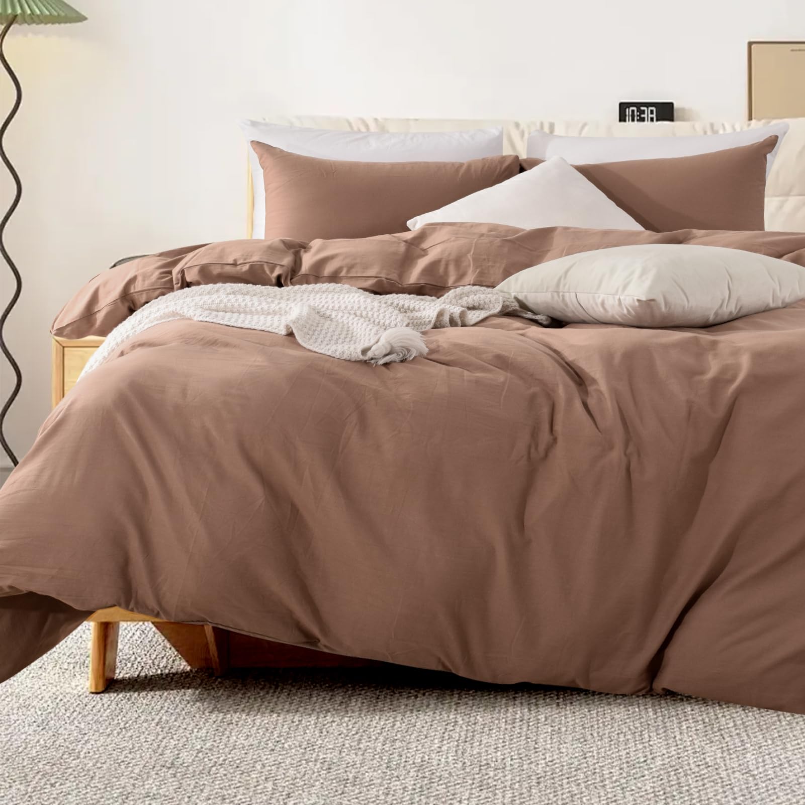Nexhome Pro Duvet Cover Set 100% Washed Cotton Full Size Linen Feel Textured Organic Natural 3 Pieces Bedding Set Mocha Brown With Zipper Closure And Corner Ties, Breathable (No Comforter)
