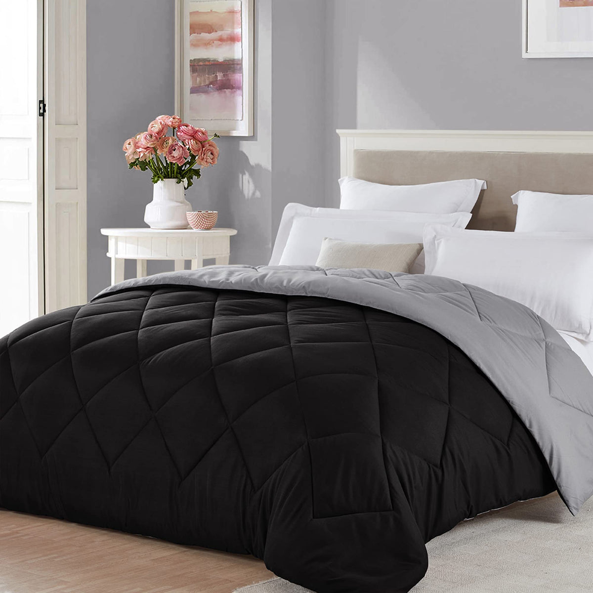 Seward Park Full/Queen Size Reversible Comforter Thanksgiving Gift Lightweight Microfiber Fill All Season Fall Warm Blanket Blac