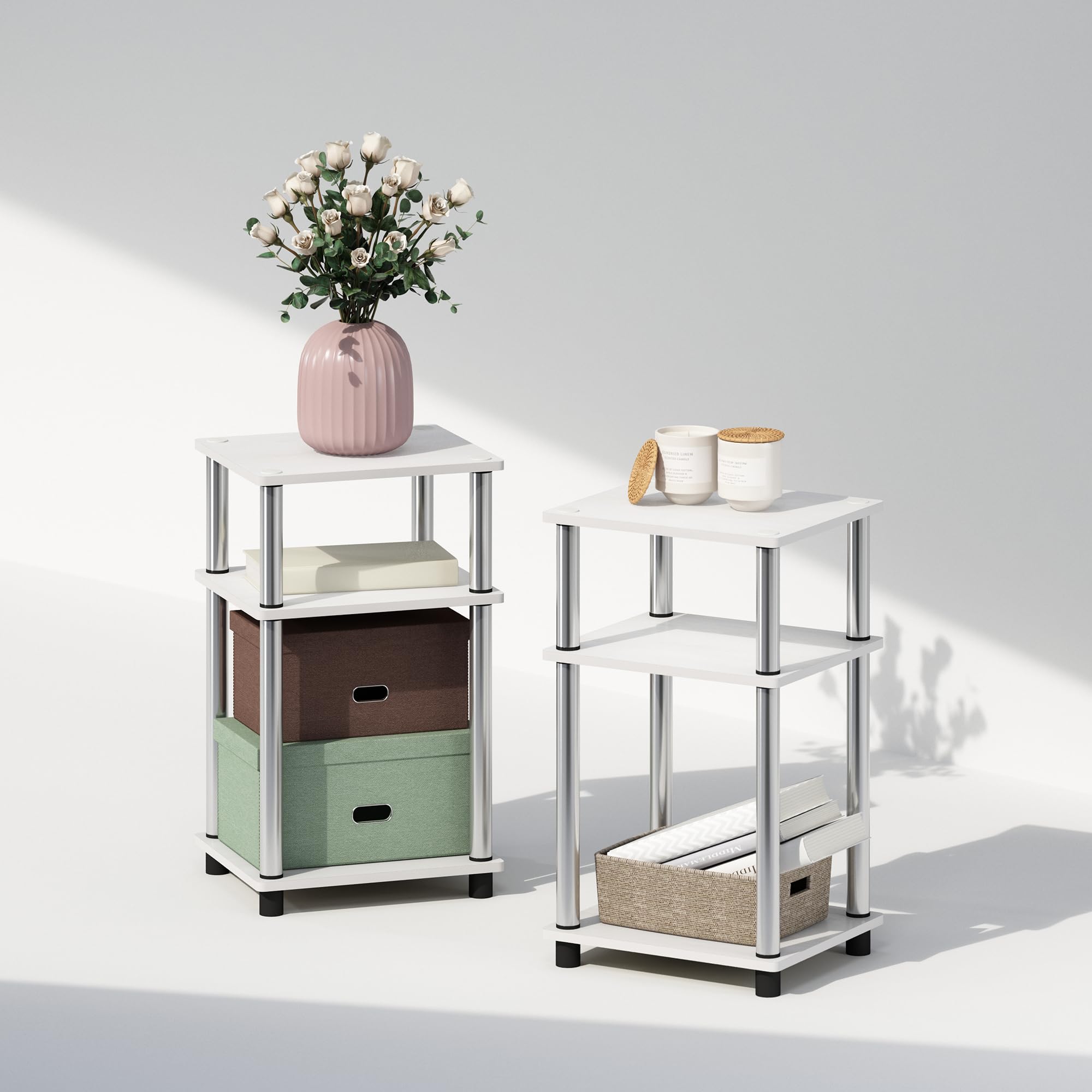 Furinno Just 3-Tier Turn-N-Tube Open Storage Nightstand, 2-Pack, Plastic Poles, White Oak/Stainless Steel