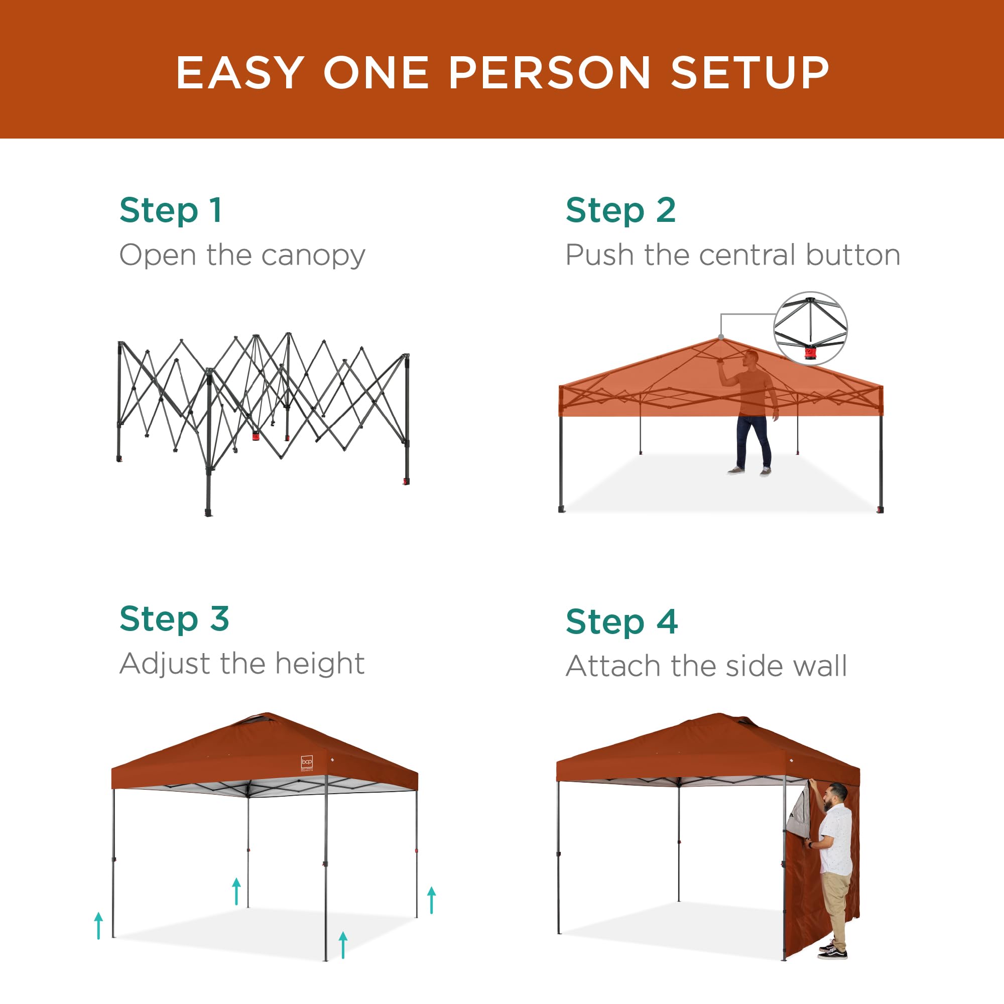 Best Choice Products 10X10Ft Easy Pop Up Canopy W/Side Wall, 10 Pockets, Portable Carrying Case, 1-Button Setup, 4 Weight Bags - Rust