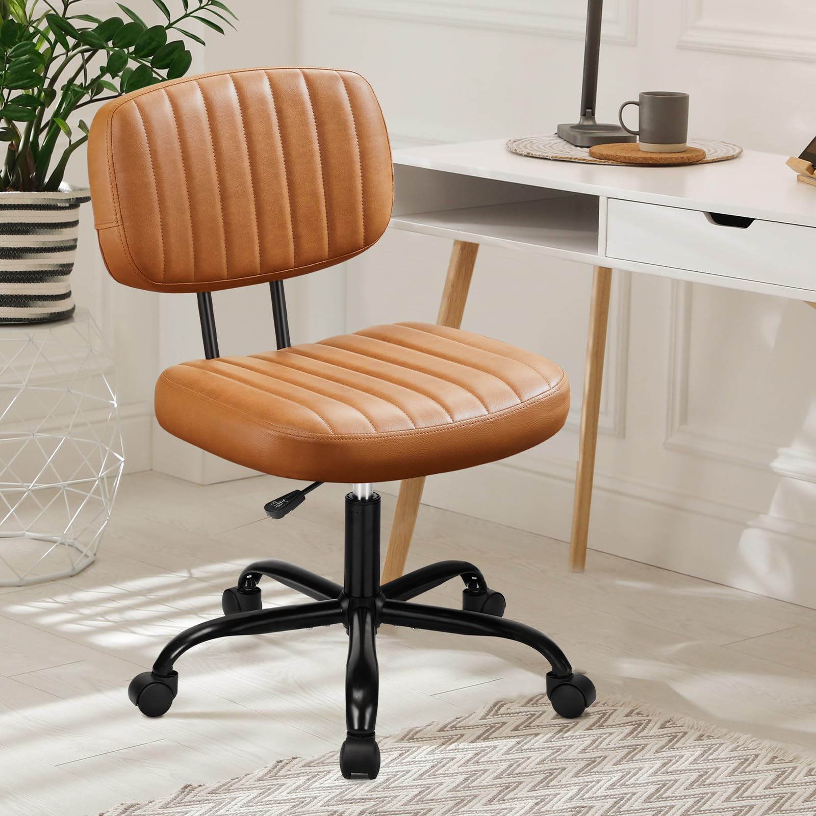 Armless Home Office Desk Chair -Small Ergonomic With Low Back Lumbar Support, Height Adjustable Pu Leather Computer Task With 360° Swivel Rolling Wheels, For Small Space, Brown