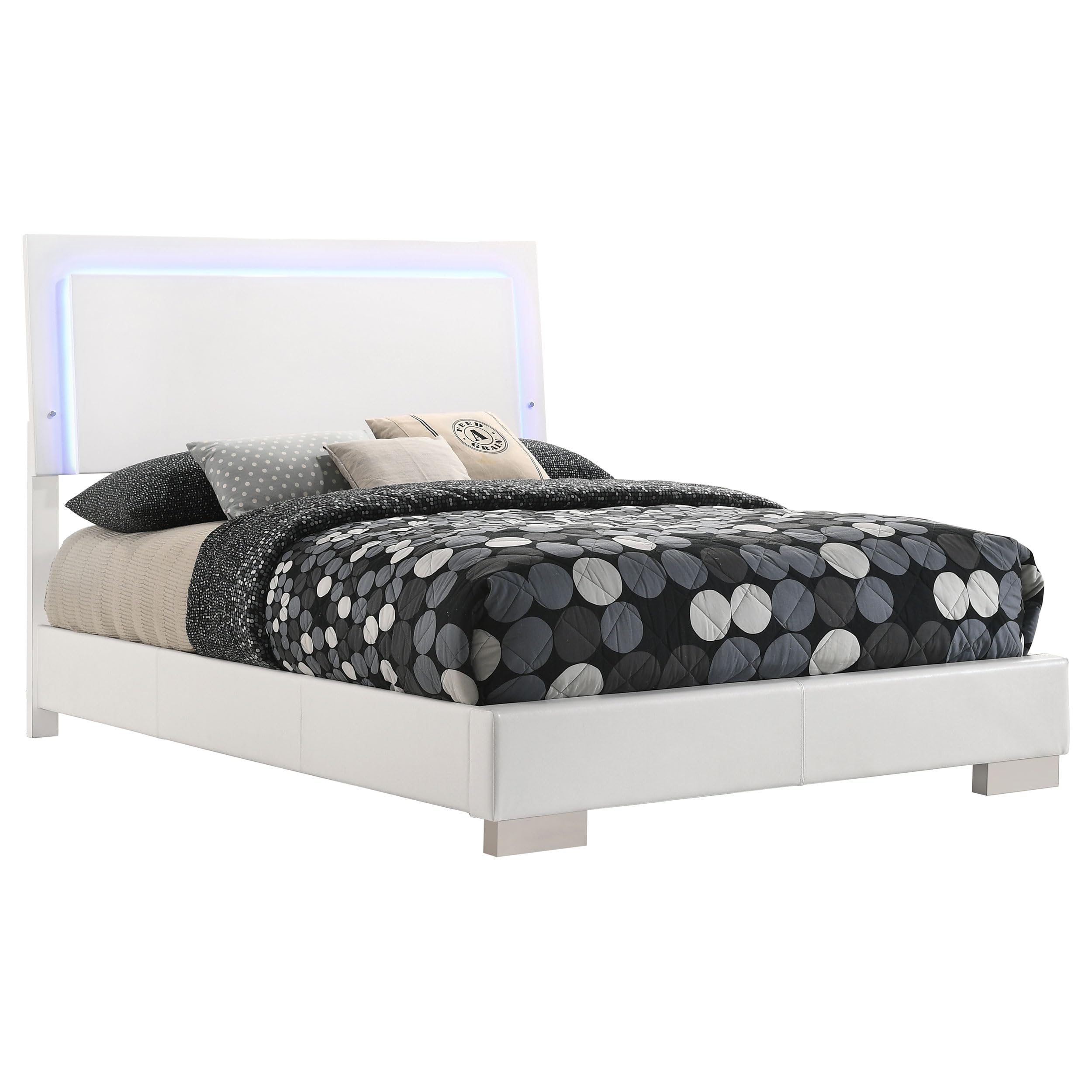 Coaster Home Furnishings Felicity Contemporary Leatherette Upholstered Full Size LED Panel Bed Frame 49-inch Headboard White High Gloss 203500F