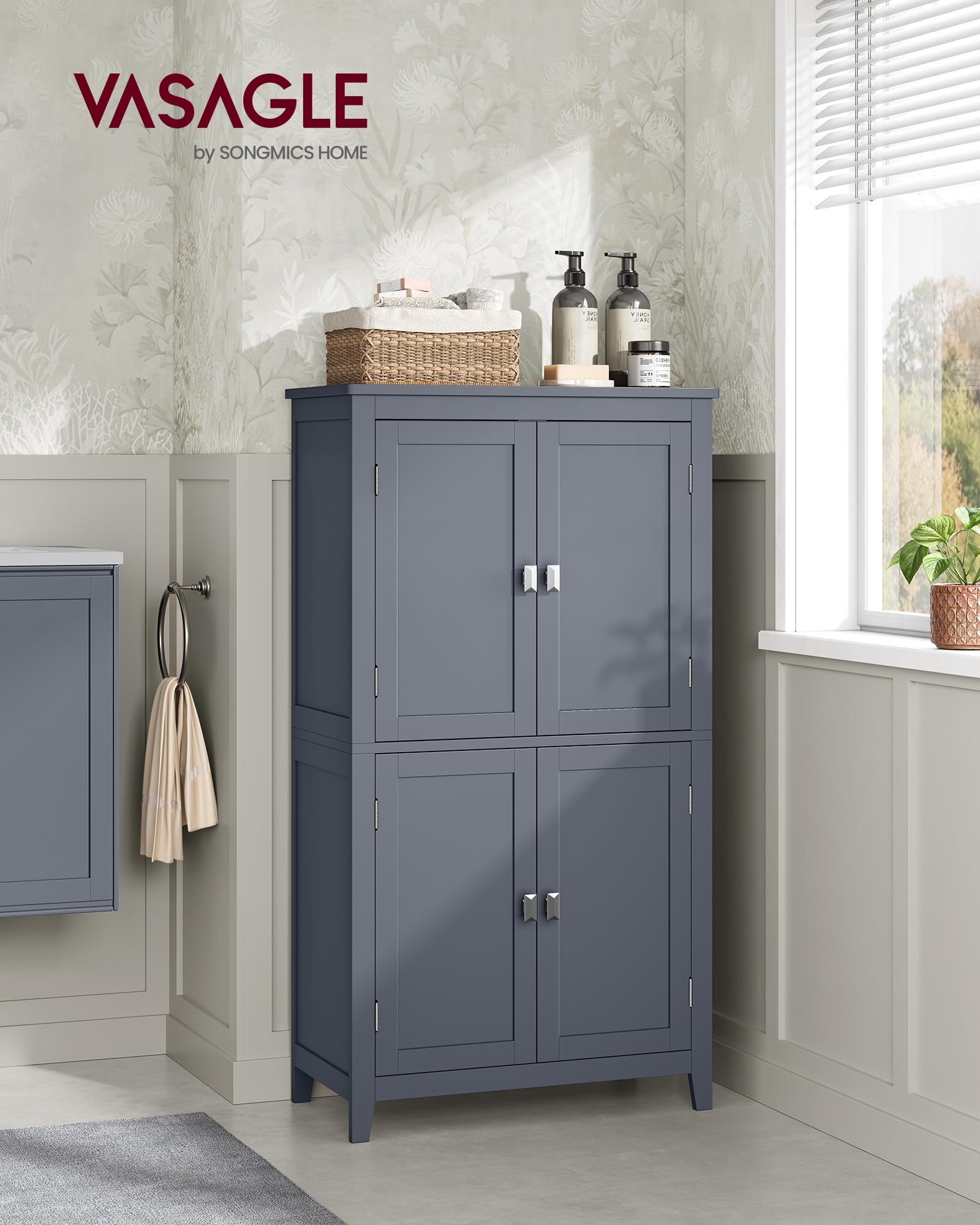 Vasagle Bathroom Floor Storage Cabinet, Bathroom Storage Unit, Freestanding Cabinet With 4 Doors, Adjustable Shelves, 11.8 X 23.6 X 43.3 Inches, Slate Gray Ubbc552G01