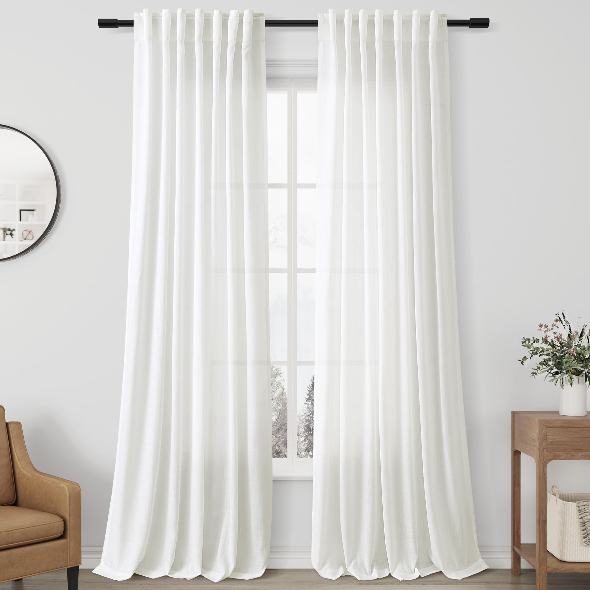 Aersas Ivory Linen Curtains 96 Inch Long For Living Room 2 Panel Back Tab Light Filtering Semi Sheer Drapes Country Rustic Farmh