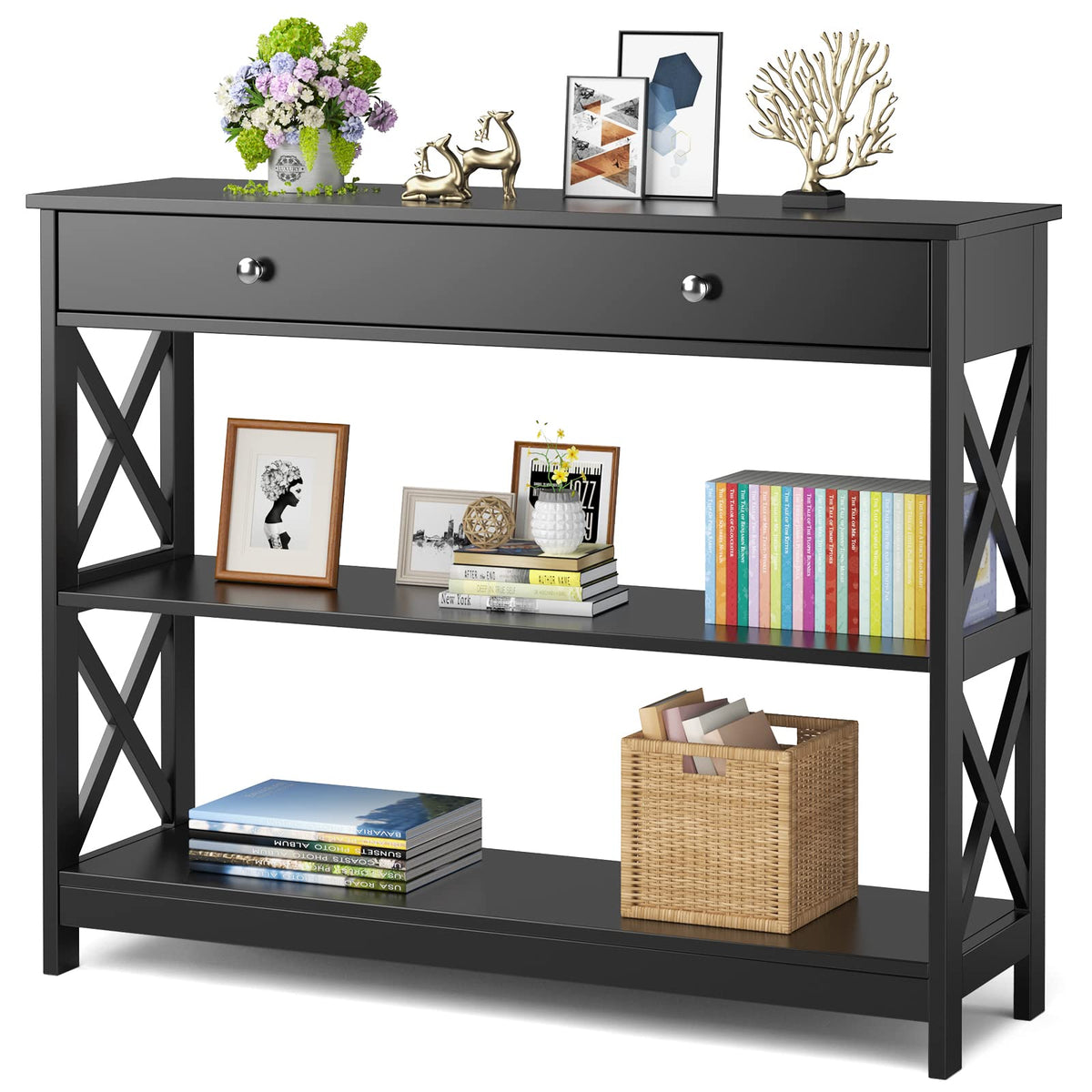 Kotek Console Table With Drawer And Storage Shelves, Narrow Sofa Table For Living Room, Easy Assembly, 3-Tier Entryway Table With Storage For Hallway (Black)