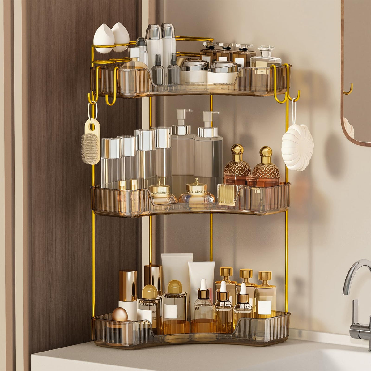Greenby 3Tier Corner Bathroom Counter Organizer,Makeup & Skincare Shelf with Builtin Brush Holder,SpaceSaving Bathroom Counte
