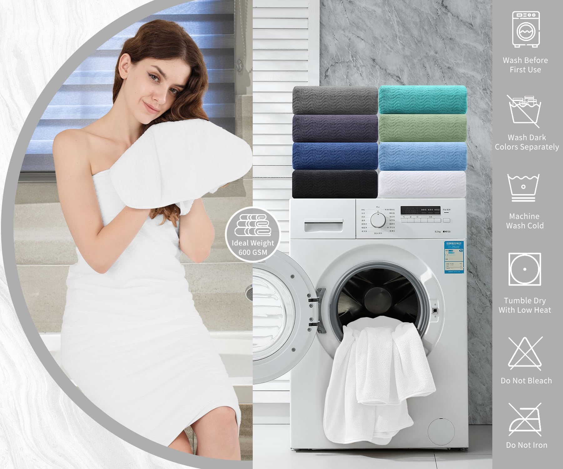 Jessy Home White 8 Piece Bath Towel Set |2 Oversized Large Bath Sheet,2 Hand Towels,4 Washcloths| Soft Luxury Towel Set For Bath