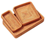 I-Lan Set Of 3 15' Rattan Woven Serving Tray Basket With Mop Wooden Base And Handles, Boho Wicker Coffee Table D  Cor Serving T