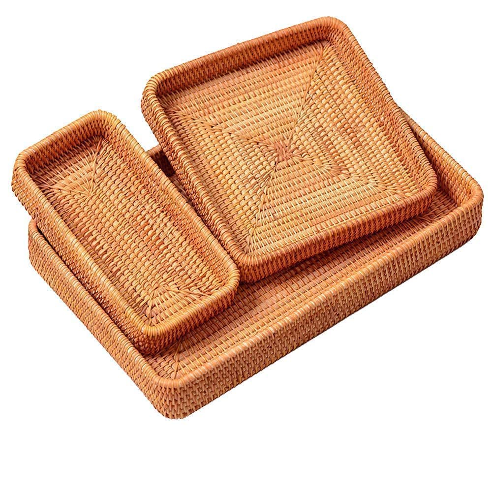 I-Lan Set Of 3 15' Rattan Woven Serving Tray Basket With Mop Wooden Base And Handles, Boho Wicker Coffee Table D  Cor Serving T