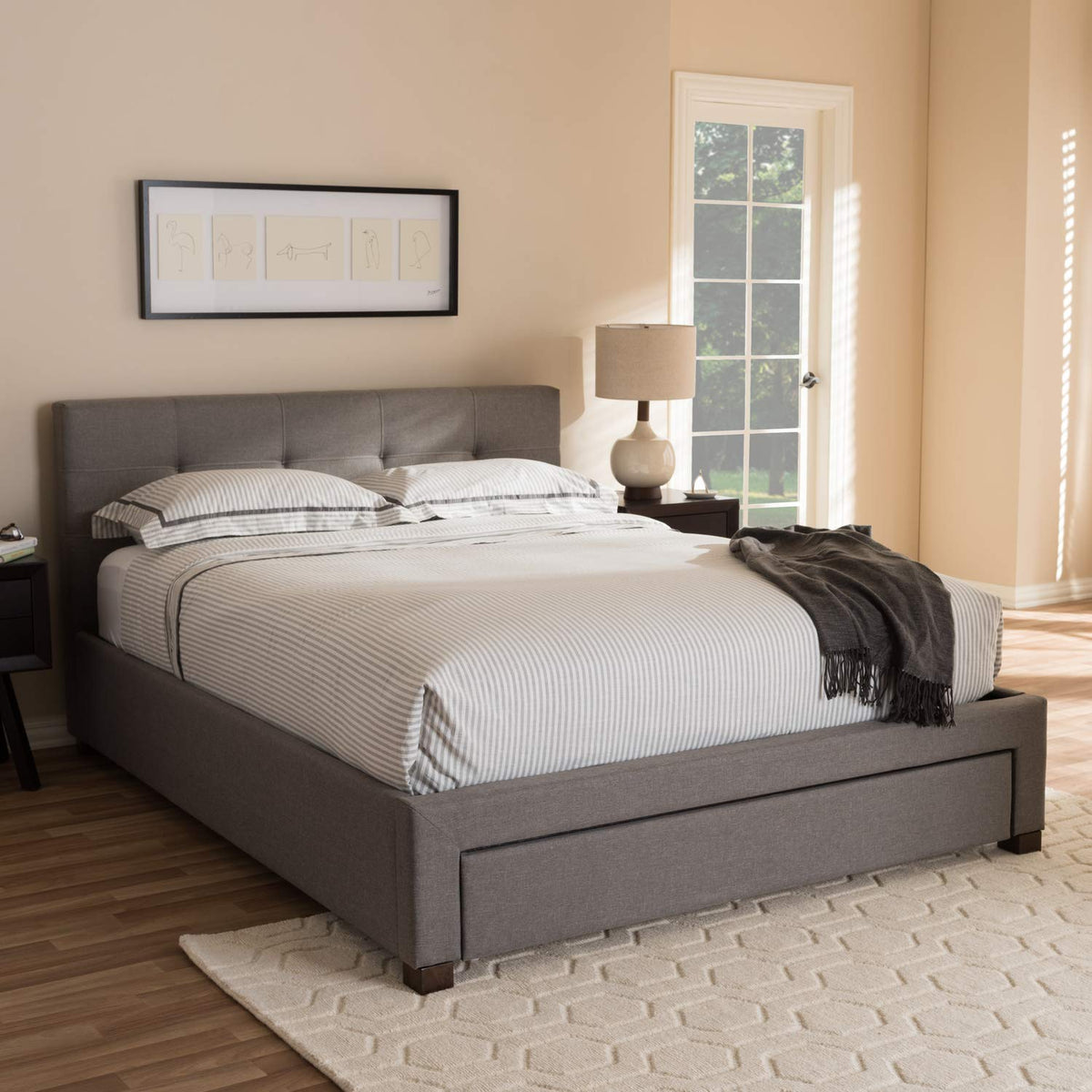 Baxton Studio Brandy Modern and Contemporary Upholstered Platform Bed with Storage Drawer Queen