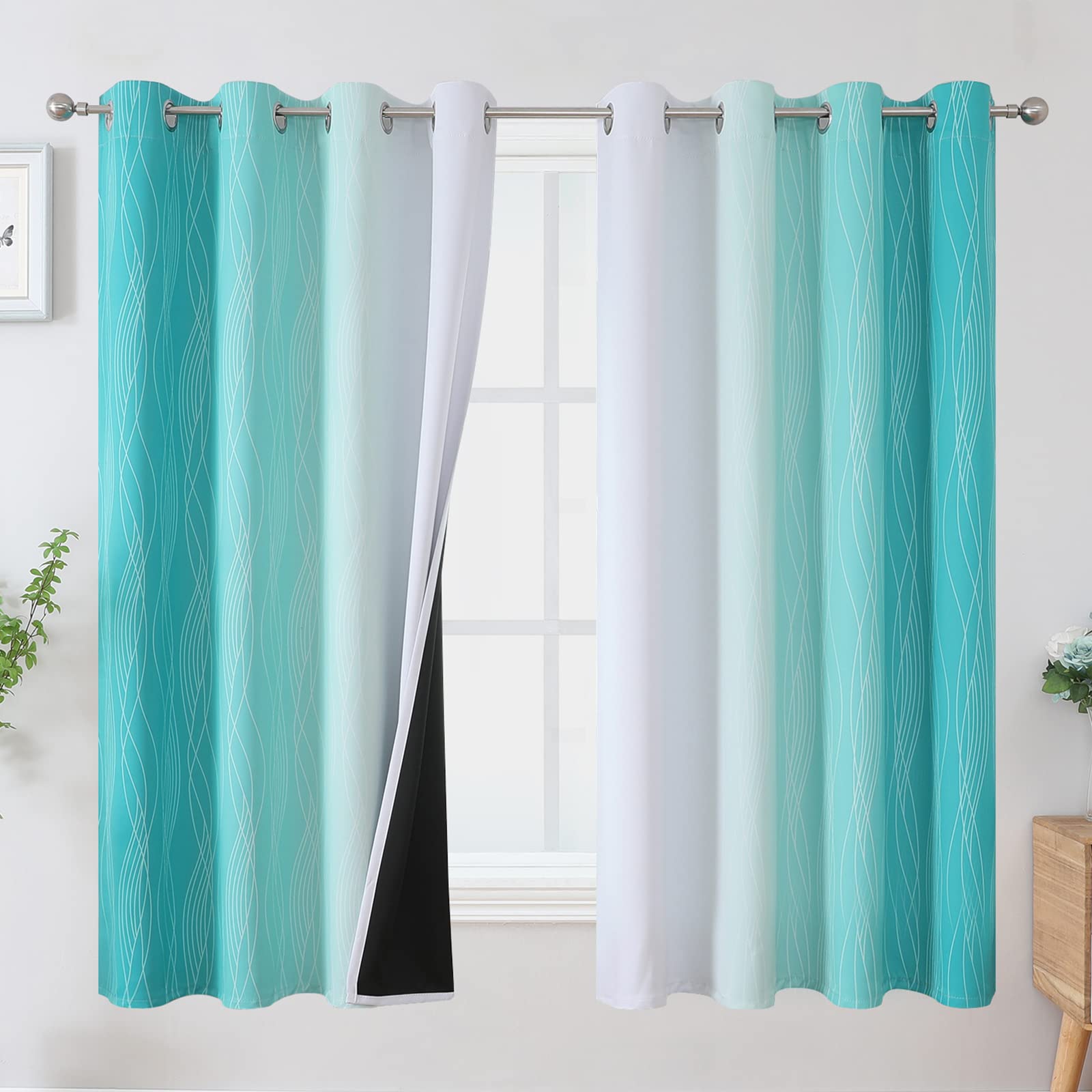 Estelar Textiler Teal And Greyish White Blackout Curtains 63 Inches Long, Room Darkening Grommet Curtains For Bedroom, Thermal I