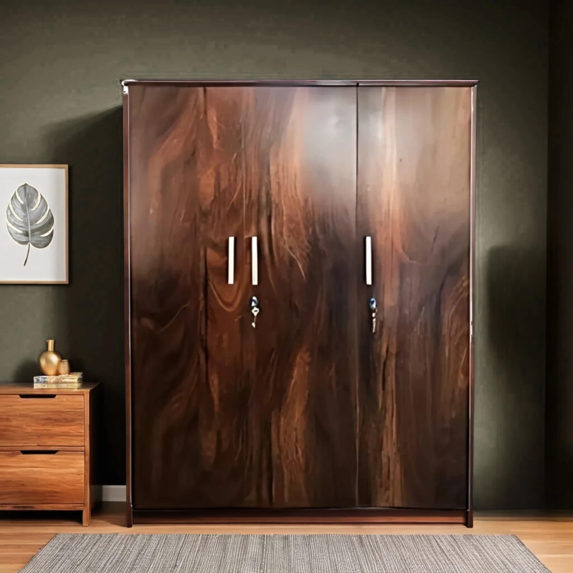 Caspian Engineered Wood 3 Door Wardrobe (Brown) | Pre Assembled Furniture With Hanging Space | Cupboard/Almirah For Bedroom Clot